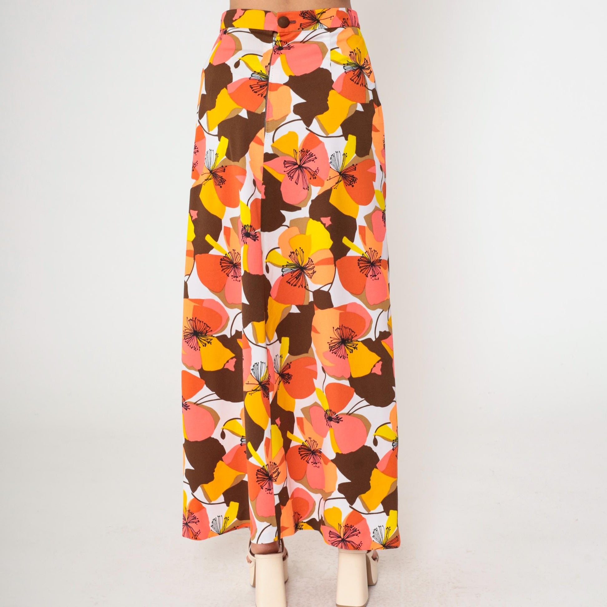 70s Floral Maxi Skirt High Waist Tropical Print Coral Orange Brown Medium