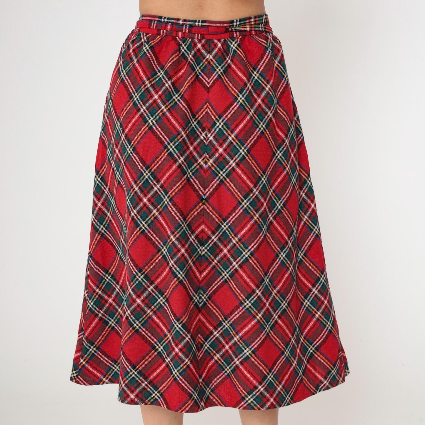 70s Red Plaid Wool Midi Skirt High Waisted A-Line Tartan Small