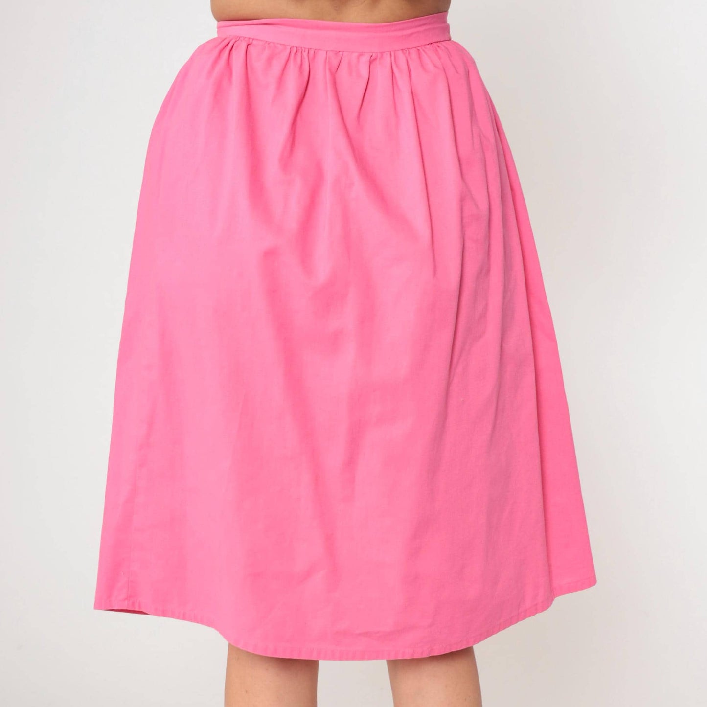 80s Bright Pink Button-Up Midi Skirt High Waist Gathered Small