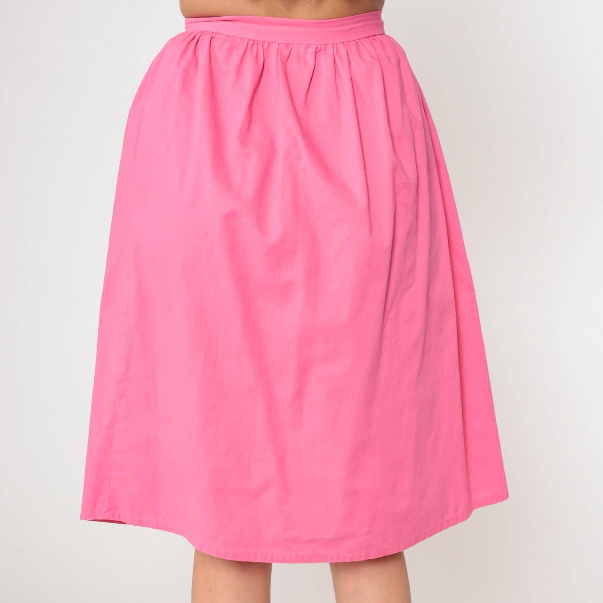 80s Bright Pink Button-Up Midi Skirt High Waist Gathered Small