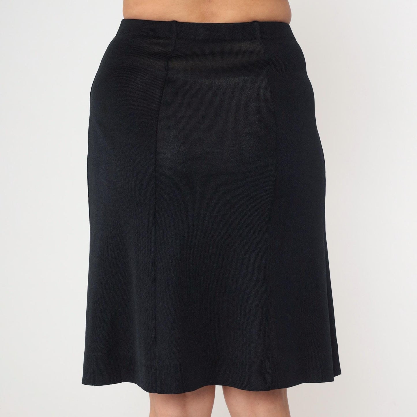 70s Black Knit Pencil Skirt High Waist Knee Length Extra Small