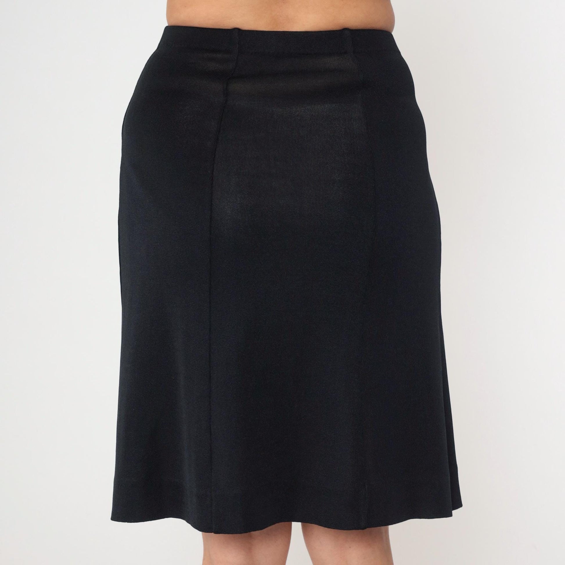 70s Black Knit Pencil Skirt High Waist Knee Length Extra Small