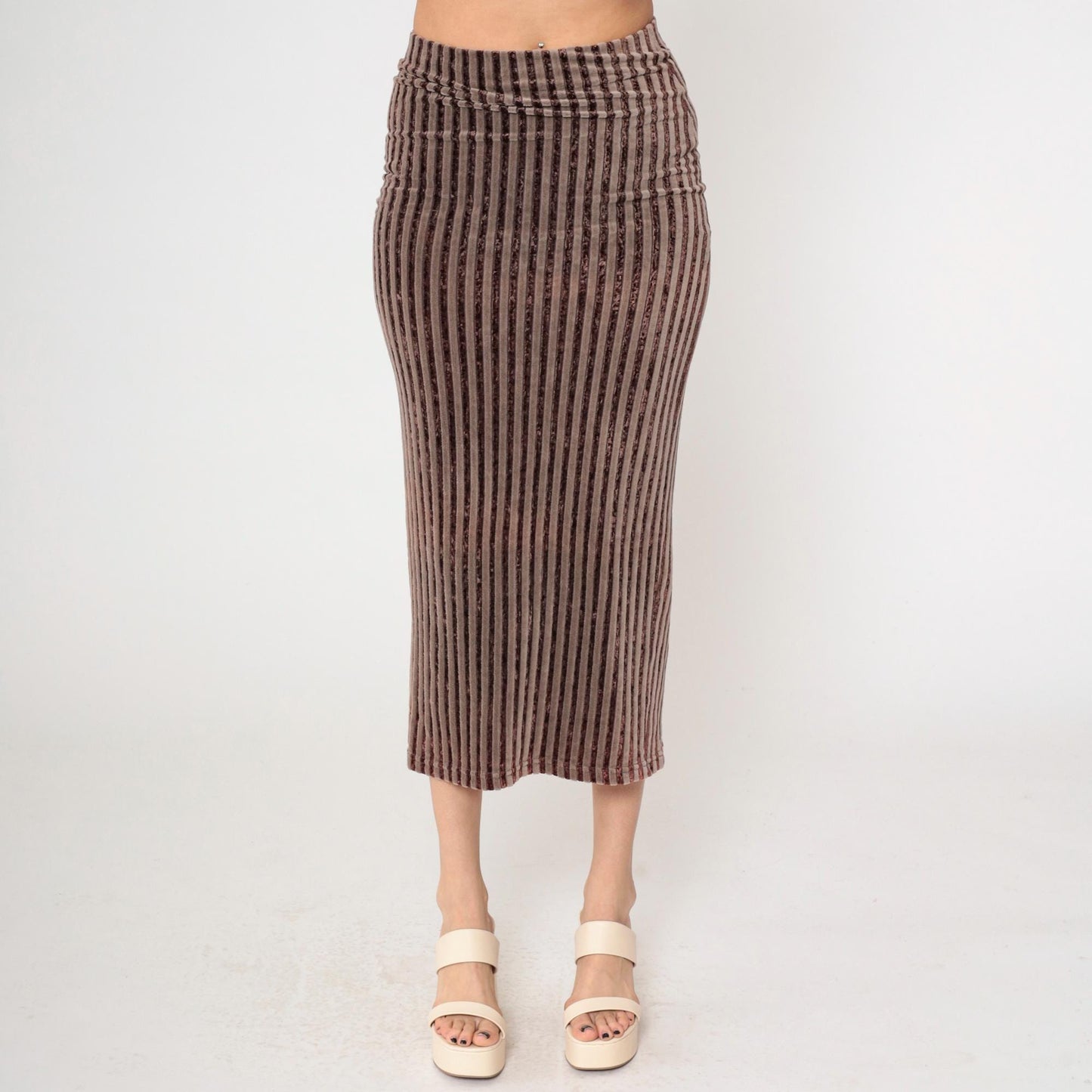 90s Brown Striped Velvet Midi Skirt High Waist Bodycon Pencil Medium