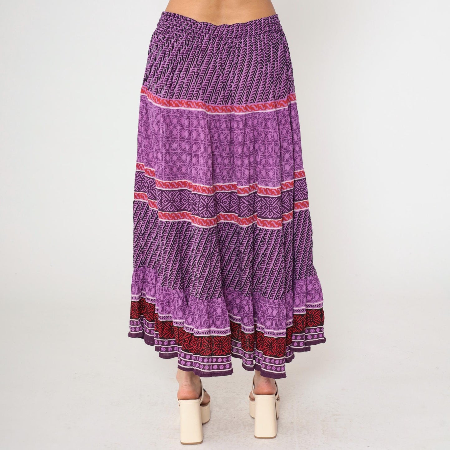 90s Purple Geometric Broomstick Maxi Skirt High Waist Drawstring Plus Size XXL
