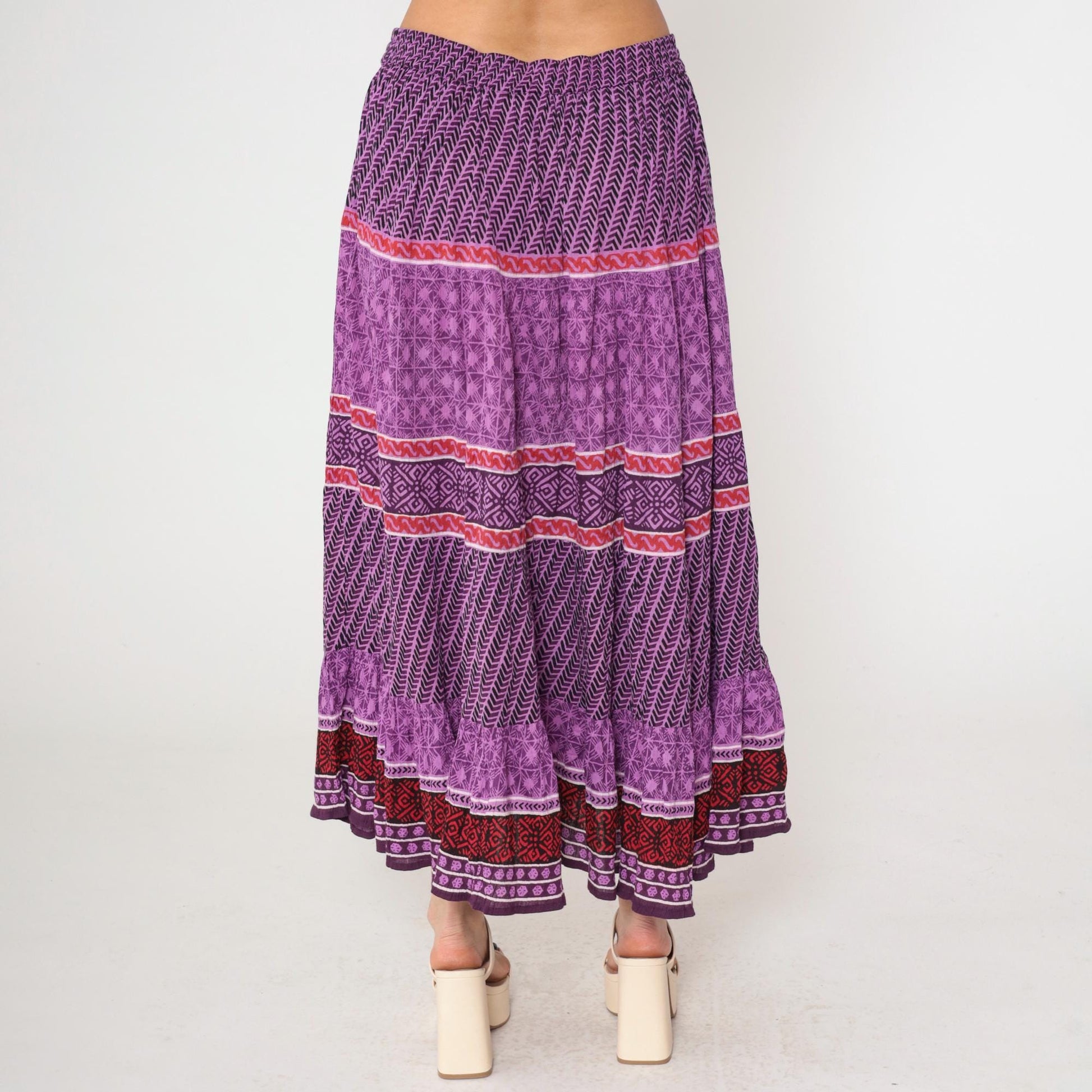 90s Purple Geometric Broomstick Maxi Skirt High Waist Drawstring Plus Size XXL