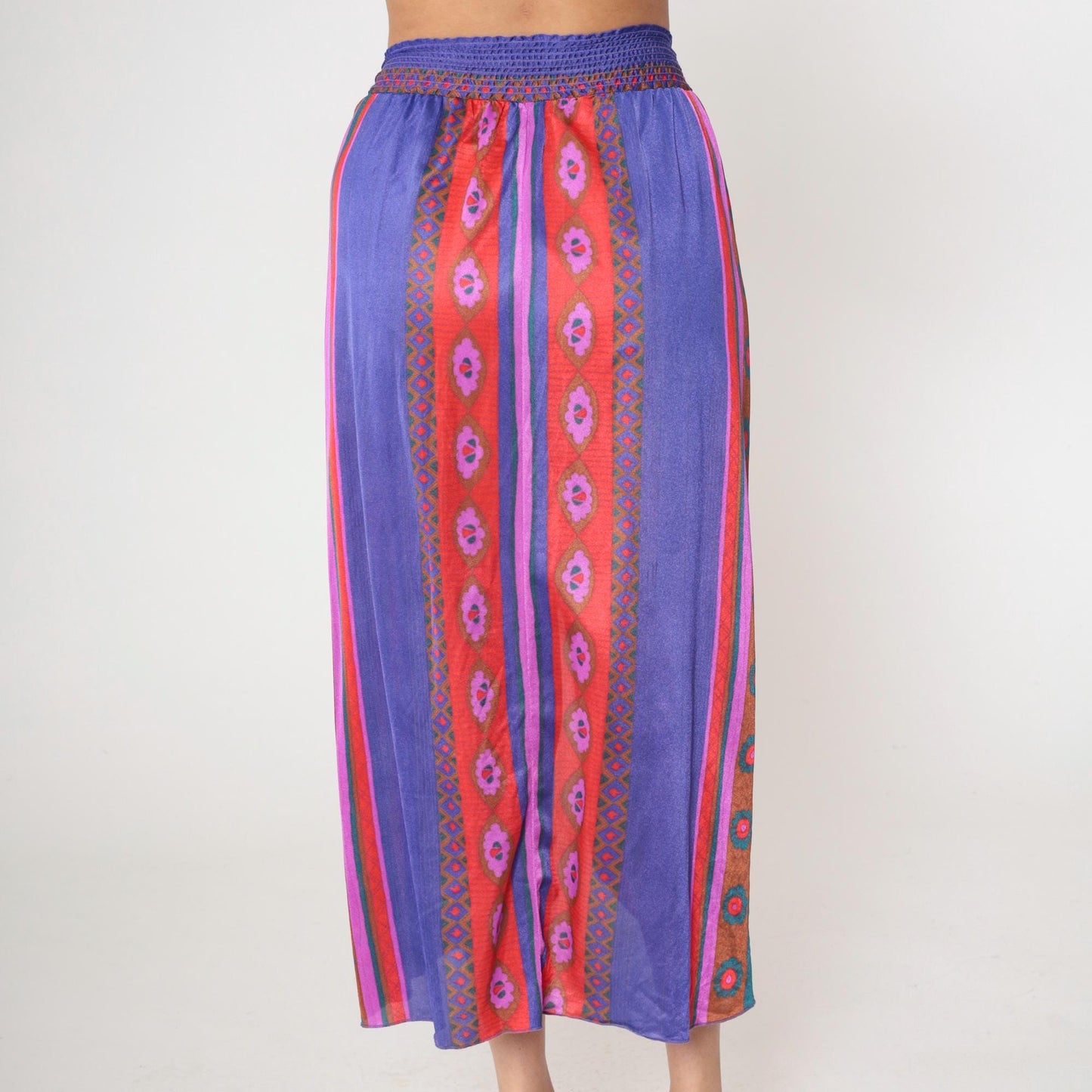 70s Stewart Striped Midi Skirt Purple Red Tie Waist Front Slit Medium