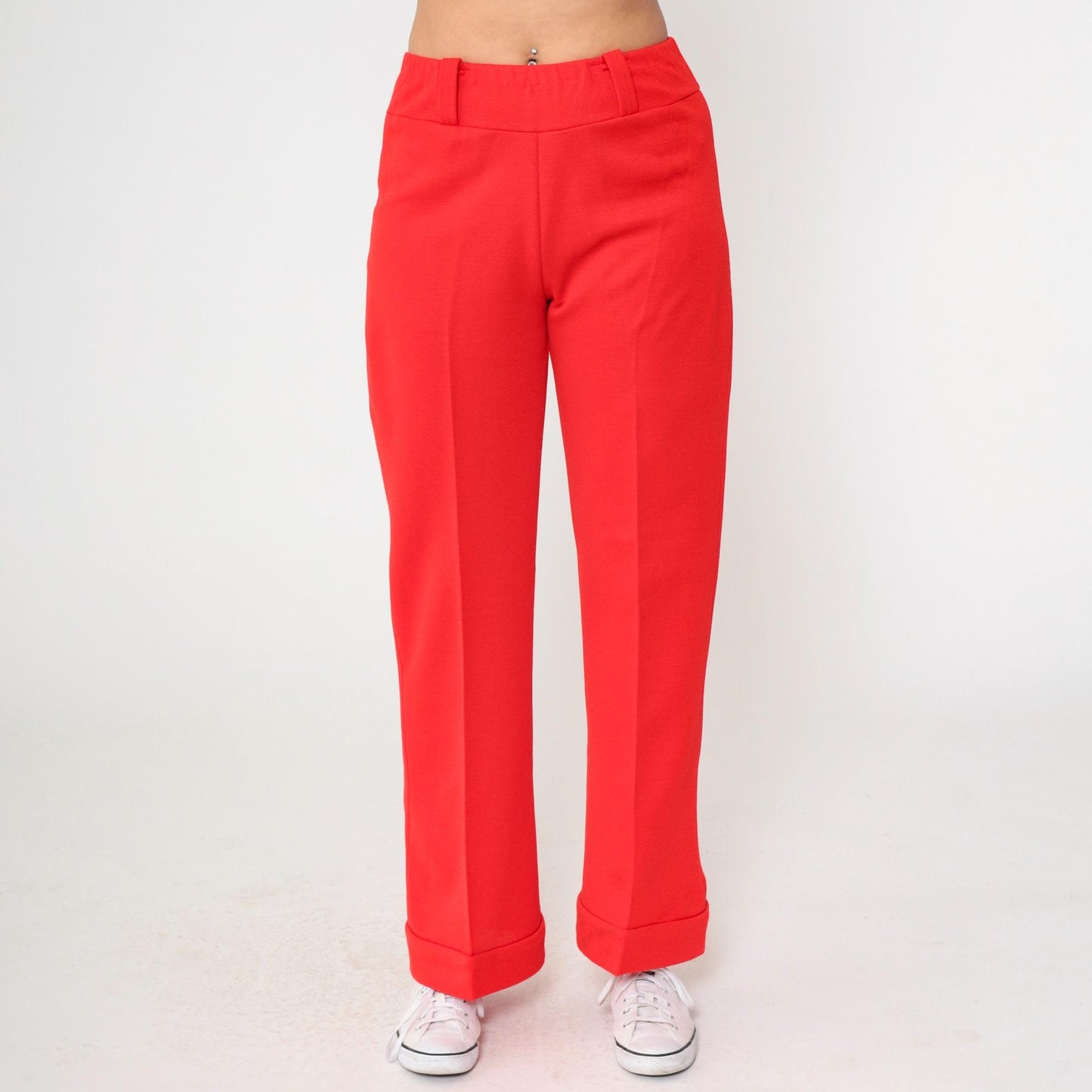 70s Red Flared High-Waist Trousers Cuffed Creased Vintage Pants Medium M