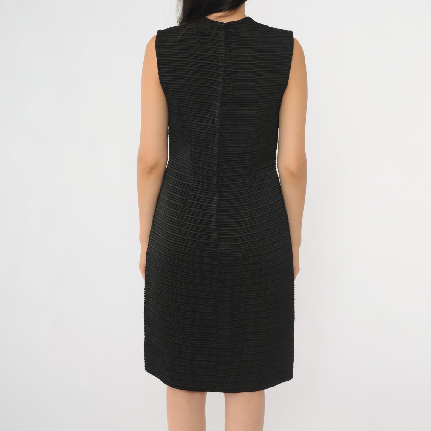 60s Black Ribbed Sheath Dress Sleeveless Knee Length Cocktail Extra Small XS