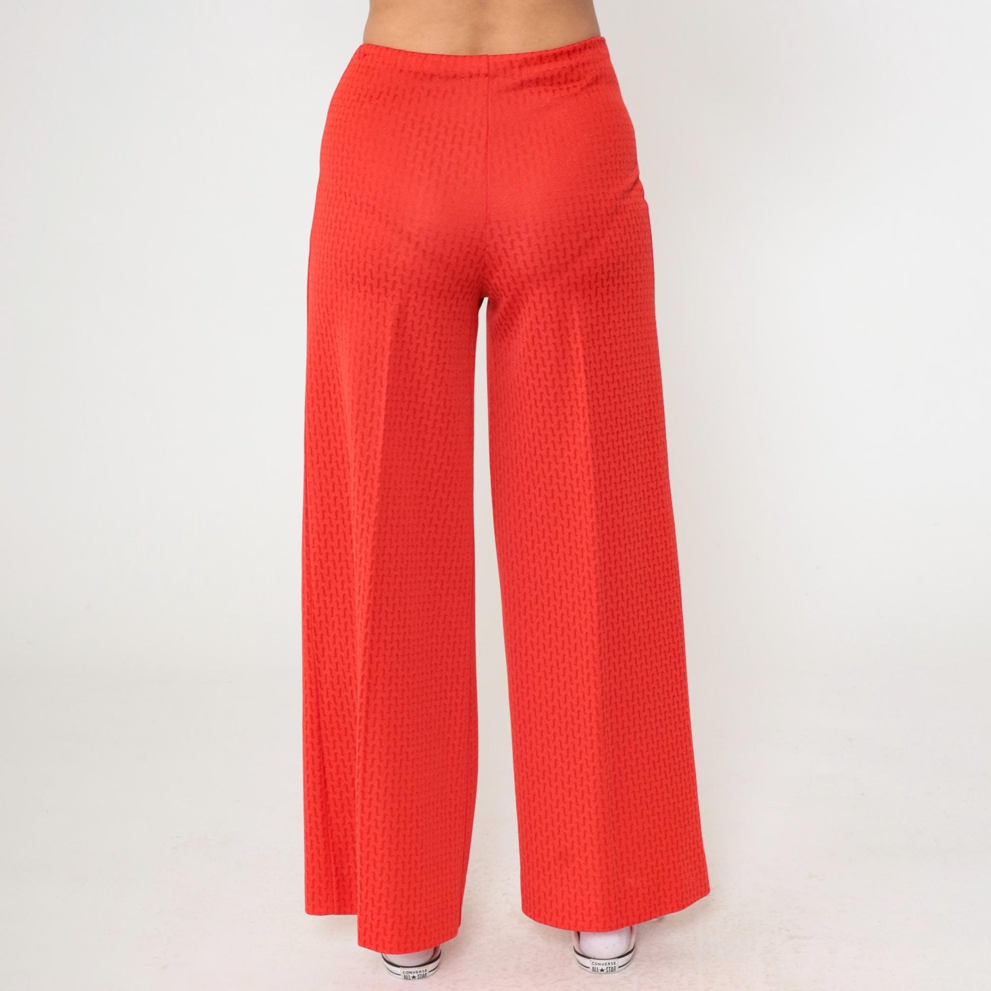 70s Red Wide Leg Flared Pants High Rise Geometric Texture Small Medium