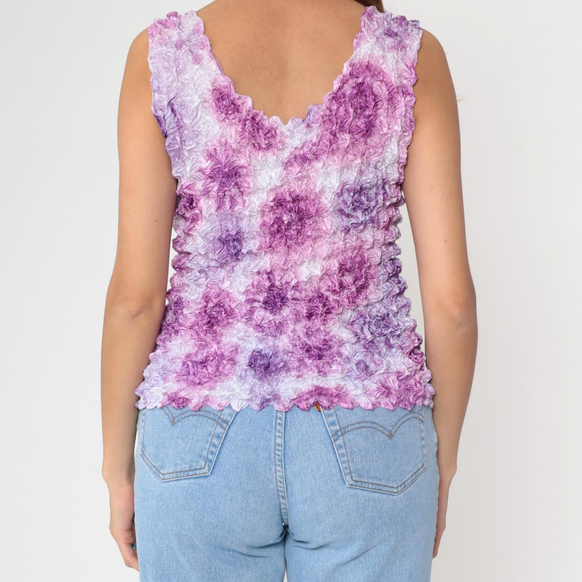 Y2K Purple Floral Popcorn Texture Tank Top Sleeveless Blouse One Size