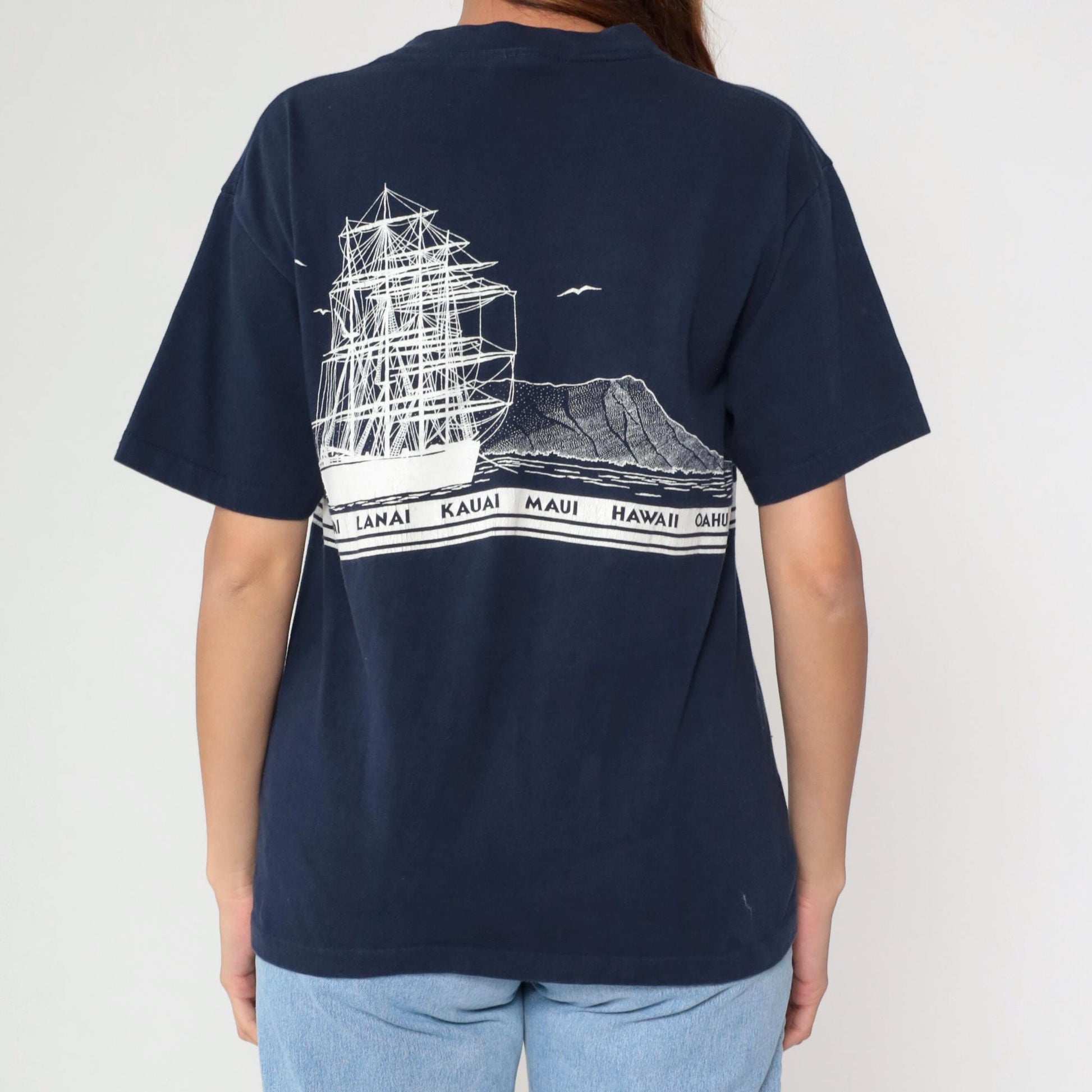80s Hawaii Sailboat Graphic T-Shirt Navy Blue Islands Crewneck Medium