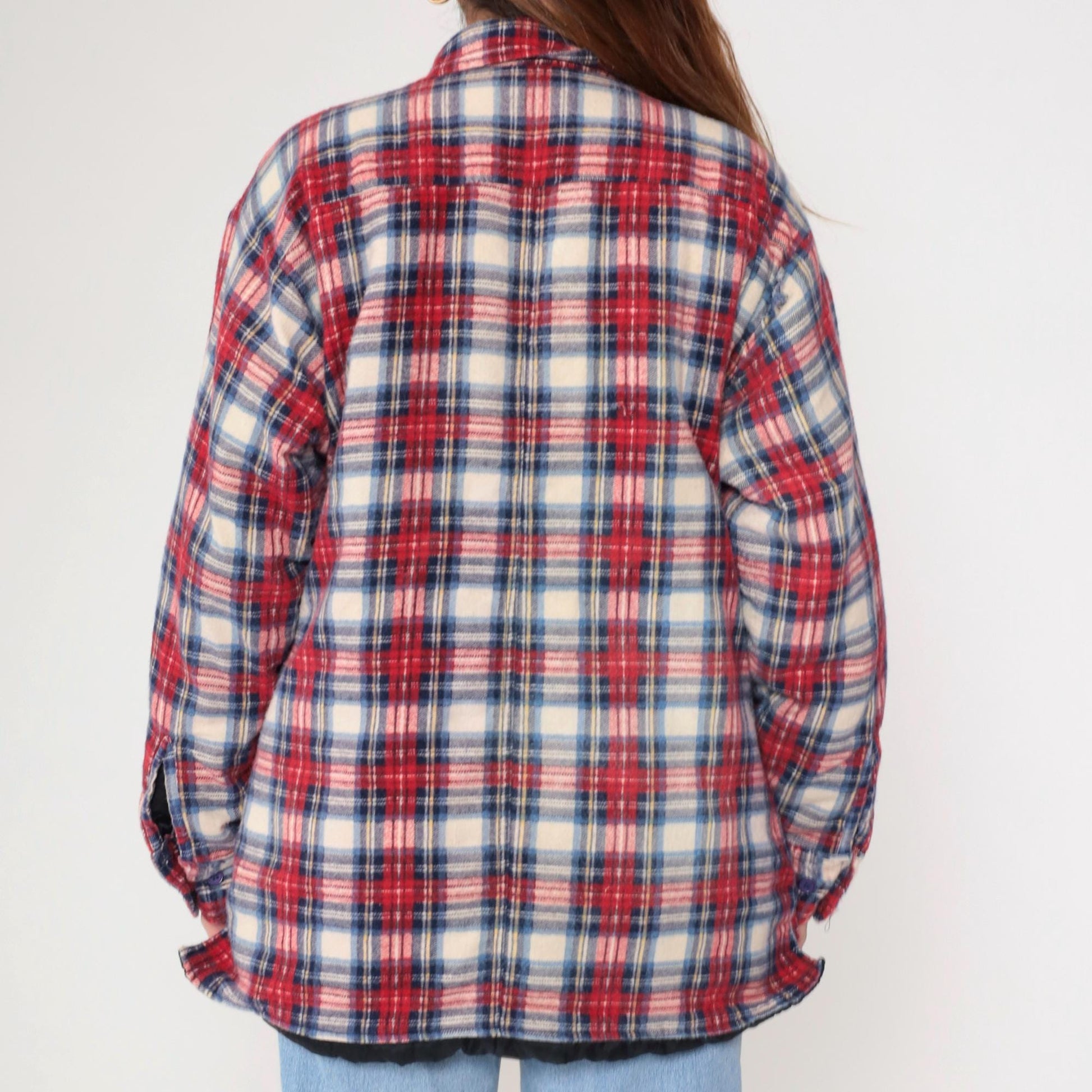90s Dickies Plaid Insulated Overshirt Red White Blue Quilted Flannel Large