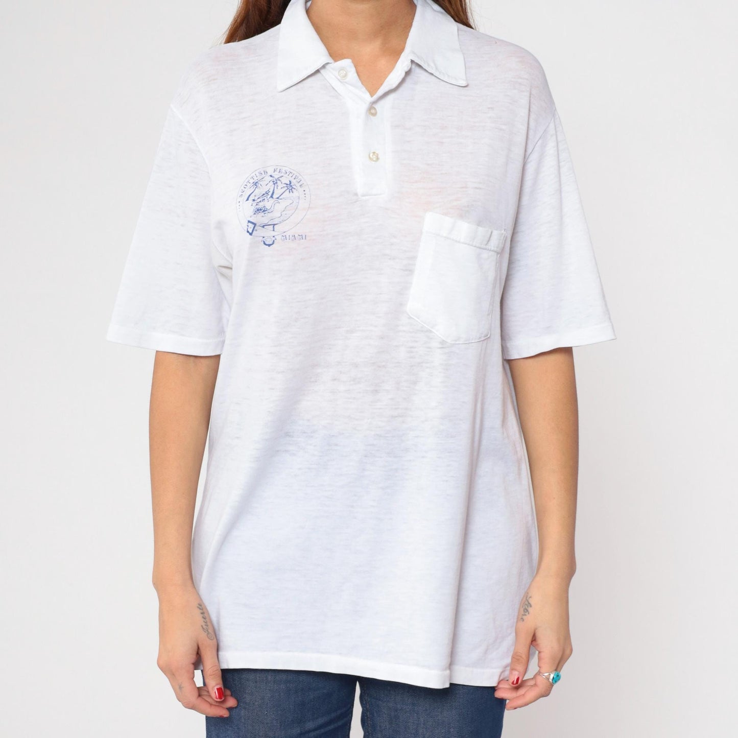 80s Stedman Miami Scottish Festival Polo Shirt White Burnout Alligator Large L