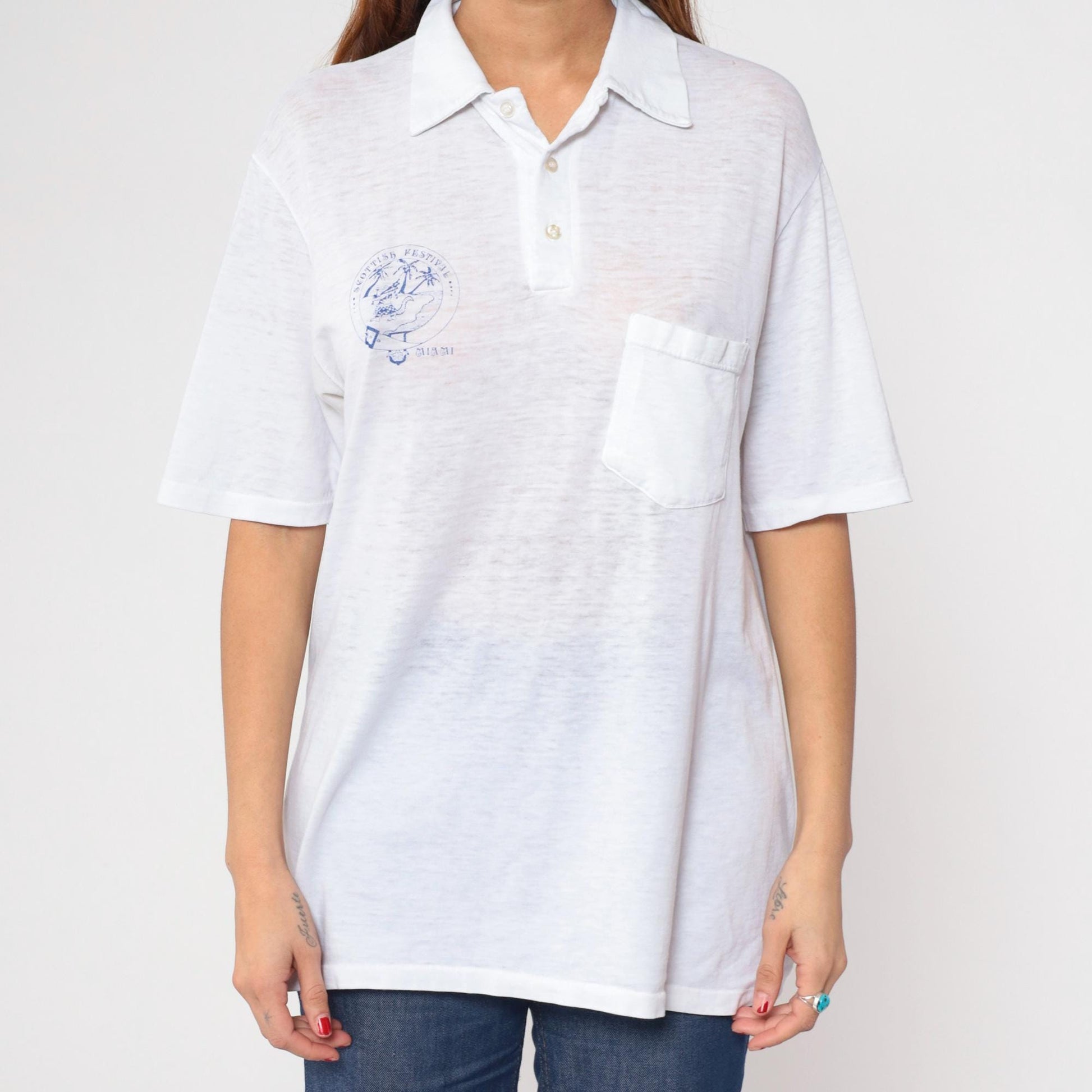 80s Stedman Miami Scottish Festival Polo Shirt White Burnout Alligator Large L