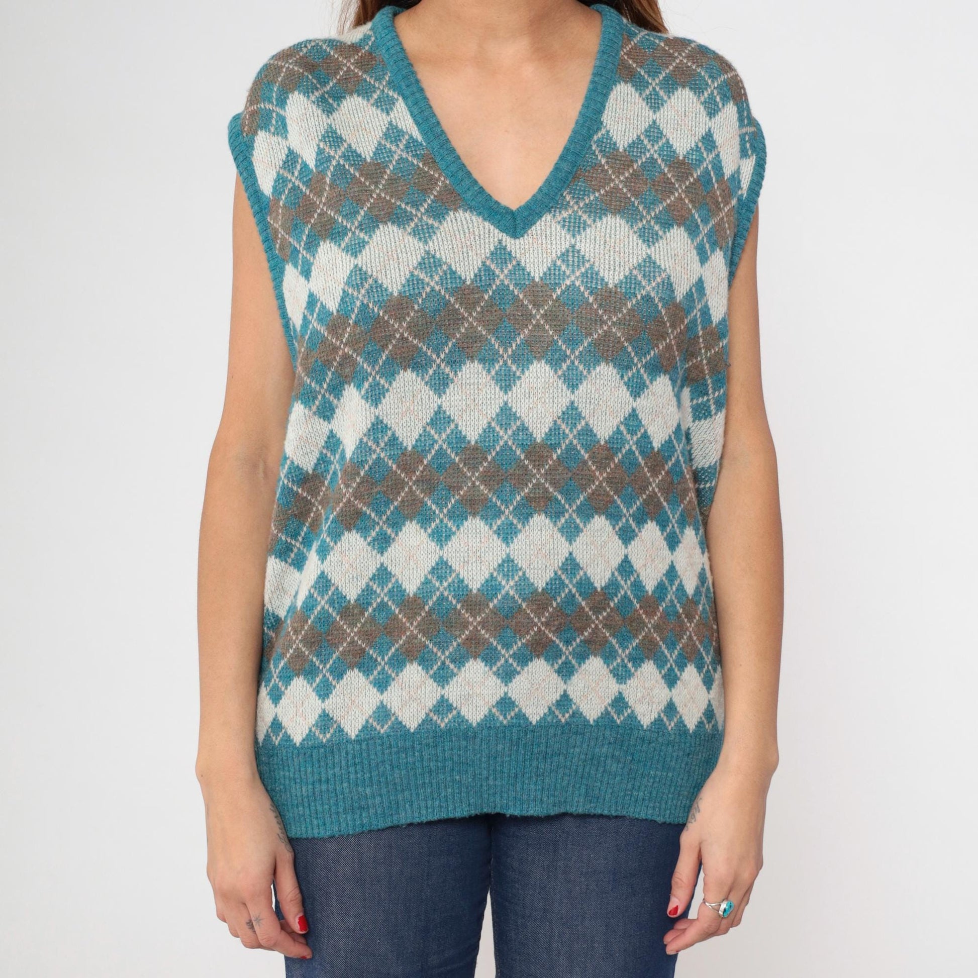 80s Turquoise Argyle Wool Acrylic Knit Vest V-Neck Sleeveless Large L