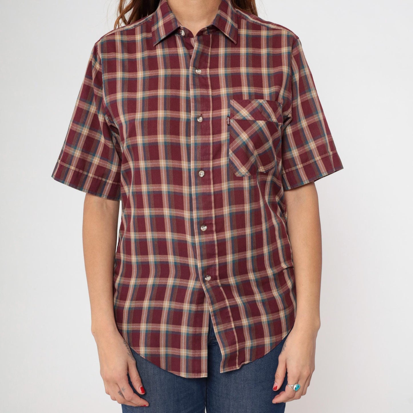 80s Levi's Plaid Button Up Shirt Burgundy Tan Checkered Short Sleeve Medium