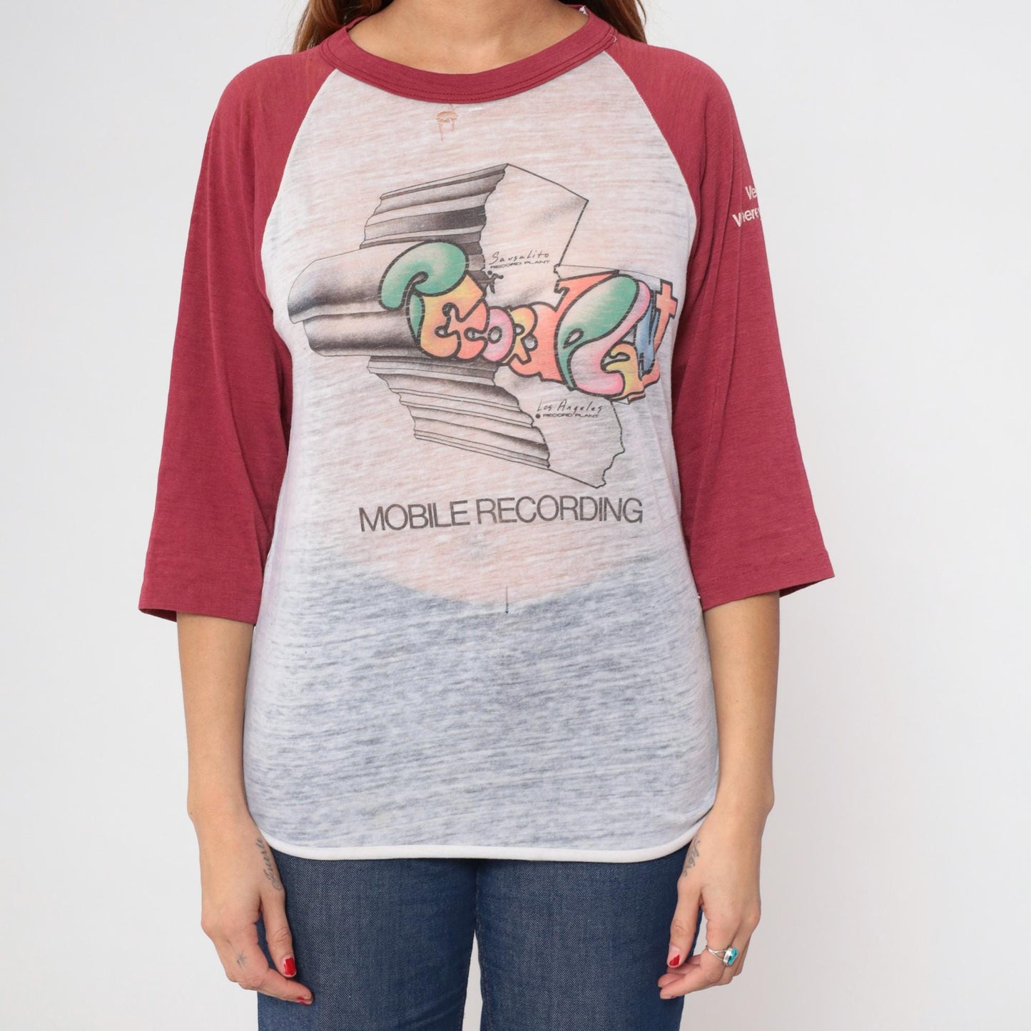 80s Record Plant Mobile Recording Raglan Tee White Maroon Burnout Medium Large