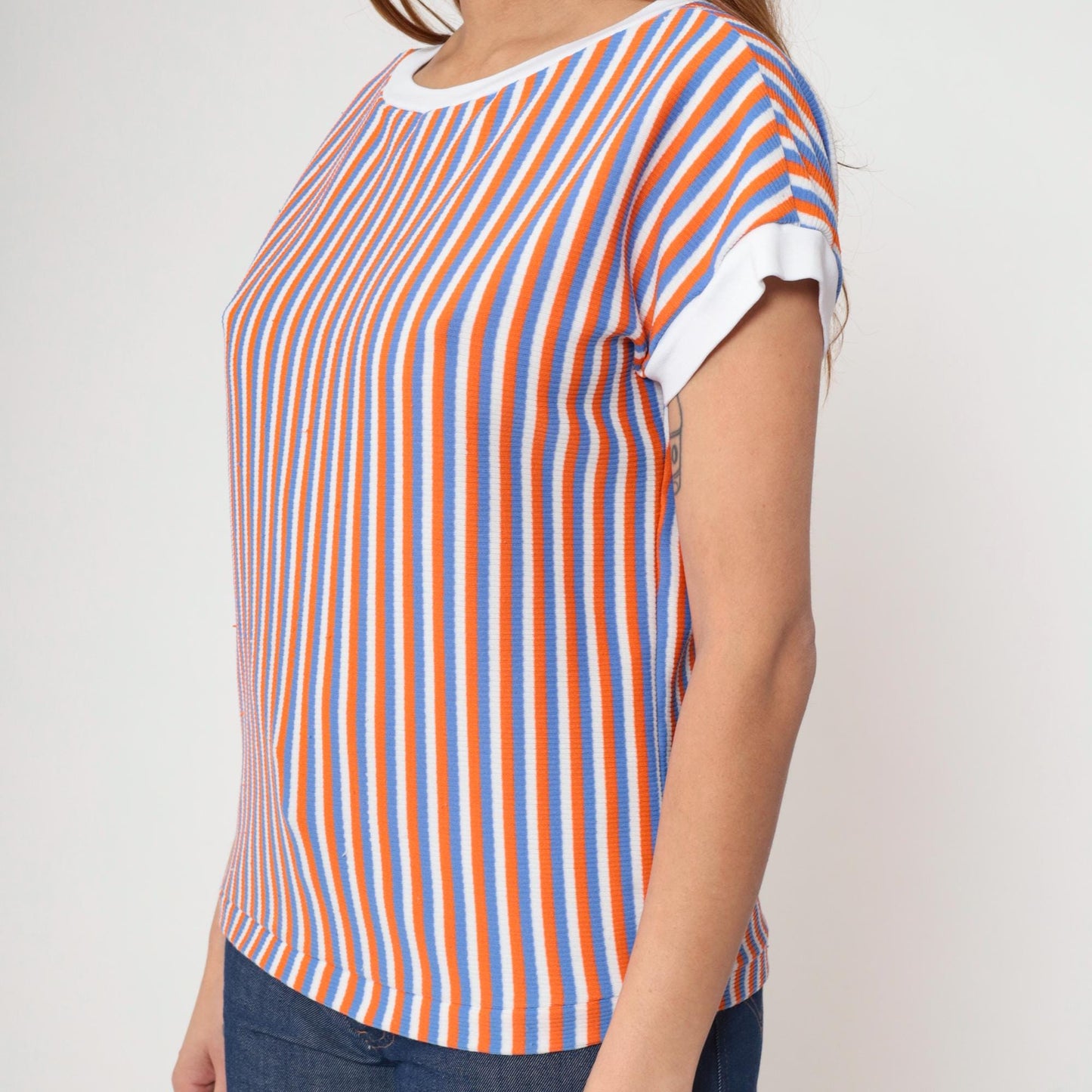 80s Striped Ringer Tee White Orange Blue Cap Sleeve Shirt Medium