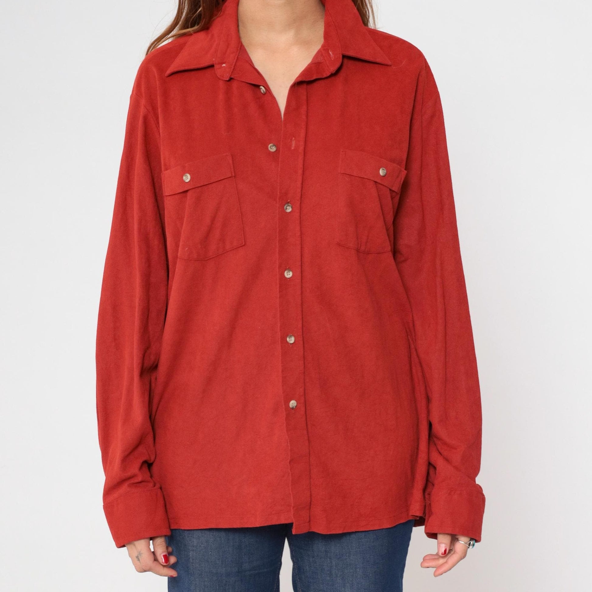 70s Prange's Rust Red Velour Button-Up Shirt Long Sleeve Collared Men's Large L
