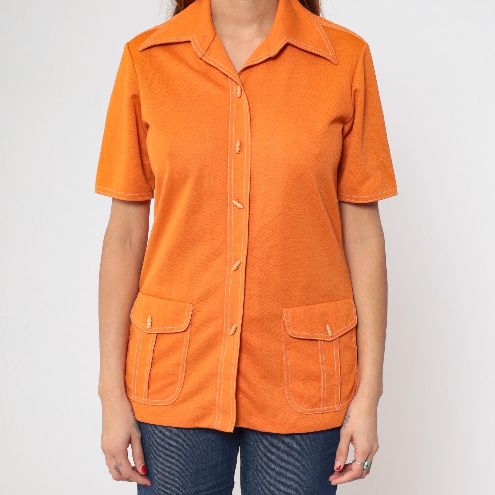 70s Koret of California Orange Button-Up Blouse Toggle Collar Short Sleeve Small