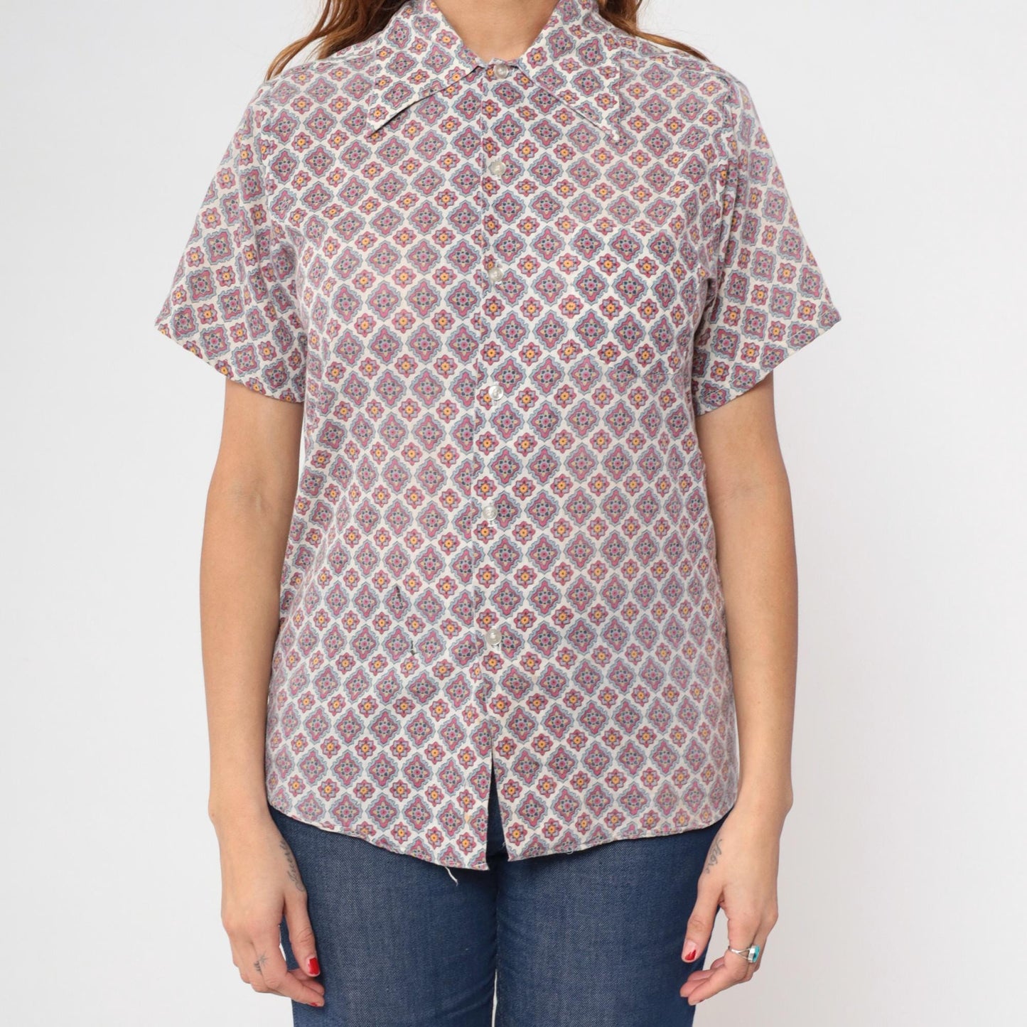 70s Geometric Mandala Button Up Shirt Pointed Collar Short Sleeve White Red Small