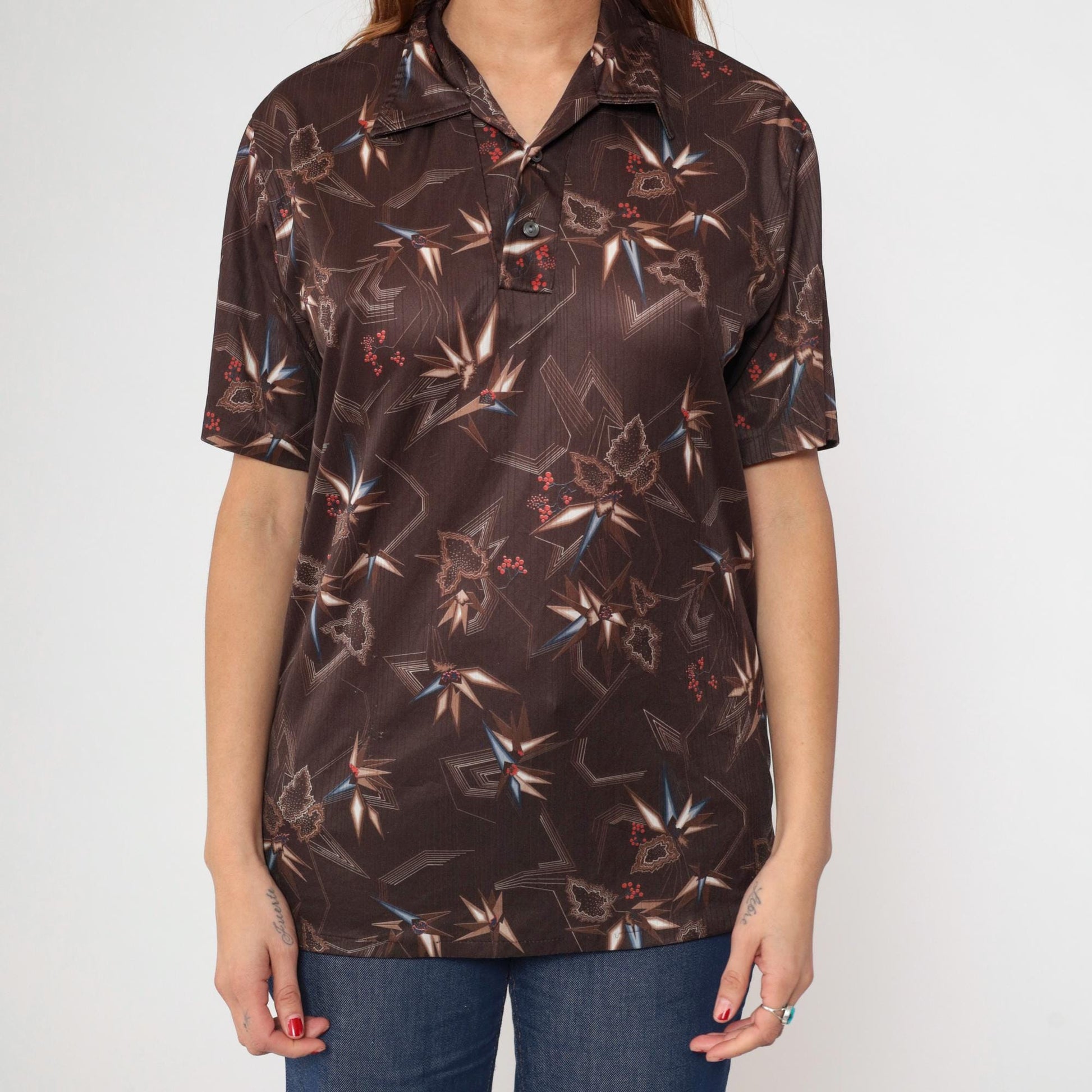 70s Stuart Mann Brown Geometric Print Button Up Shirt Dagger Collar Medium