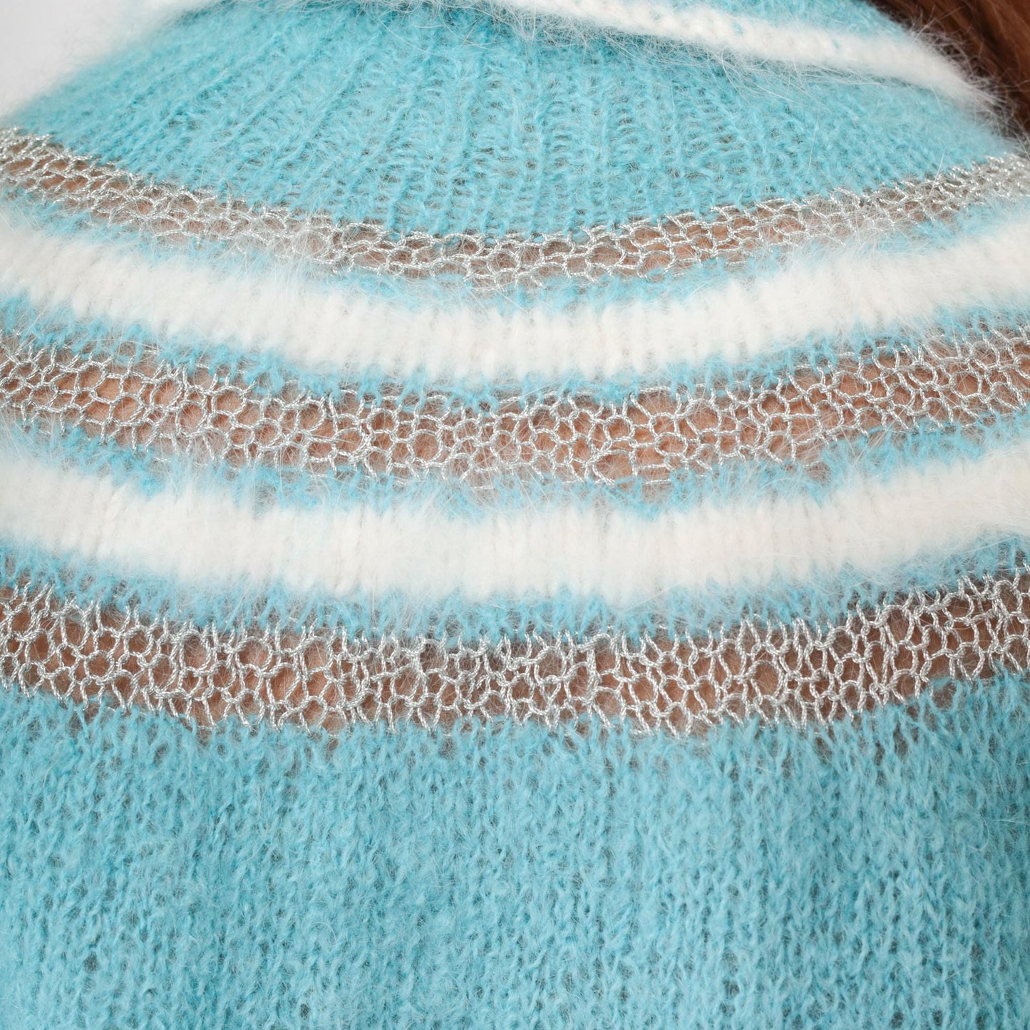 80s Blue Cropped Knit Sweater Keyhole Neckline Openwork Pullover Extra Small