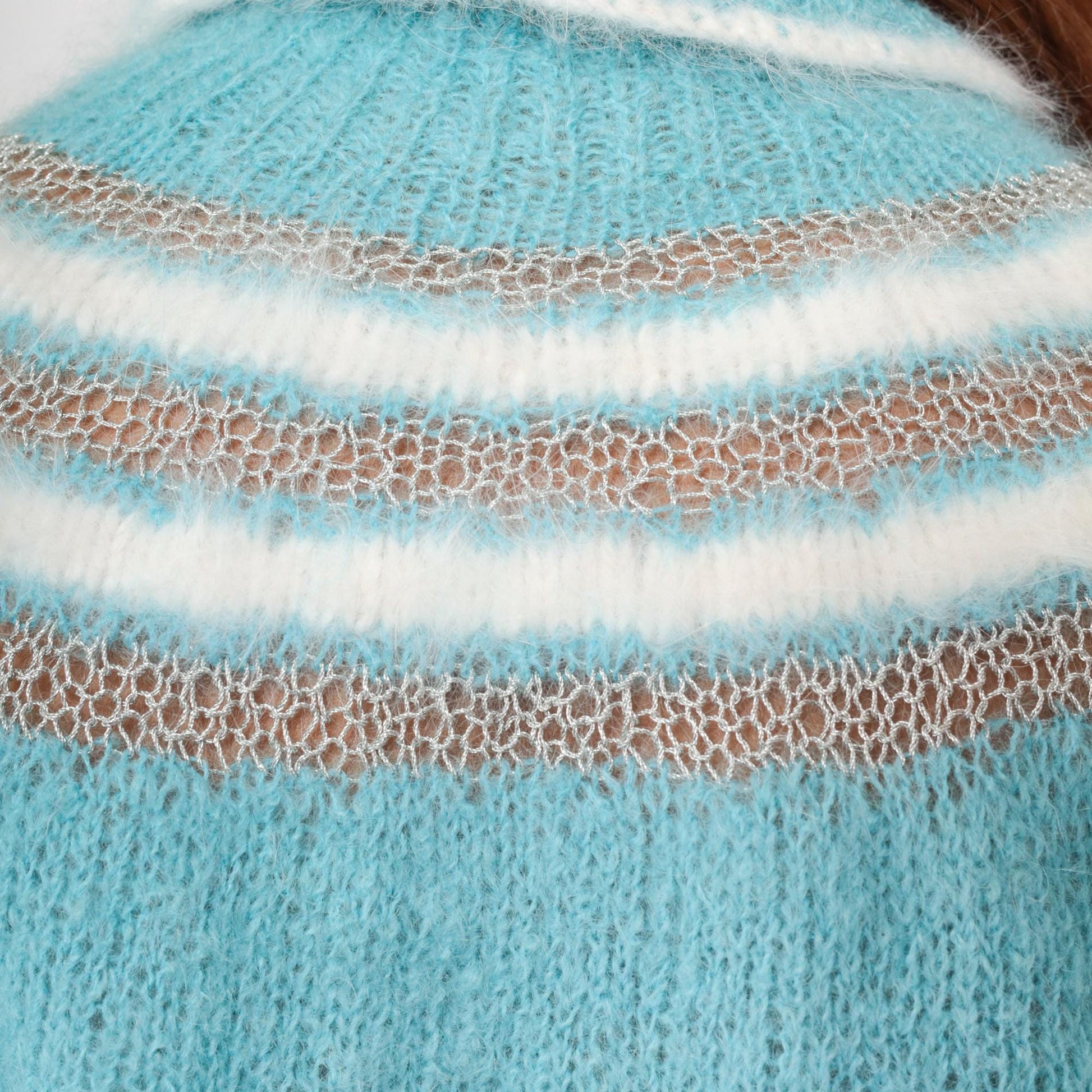 80s Blue Cropped Knit Sweater Keyhole Neckline Openwork Pullover Extra Small