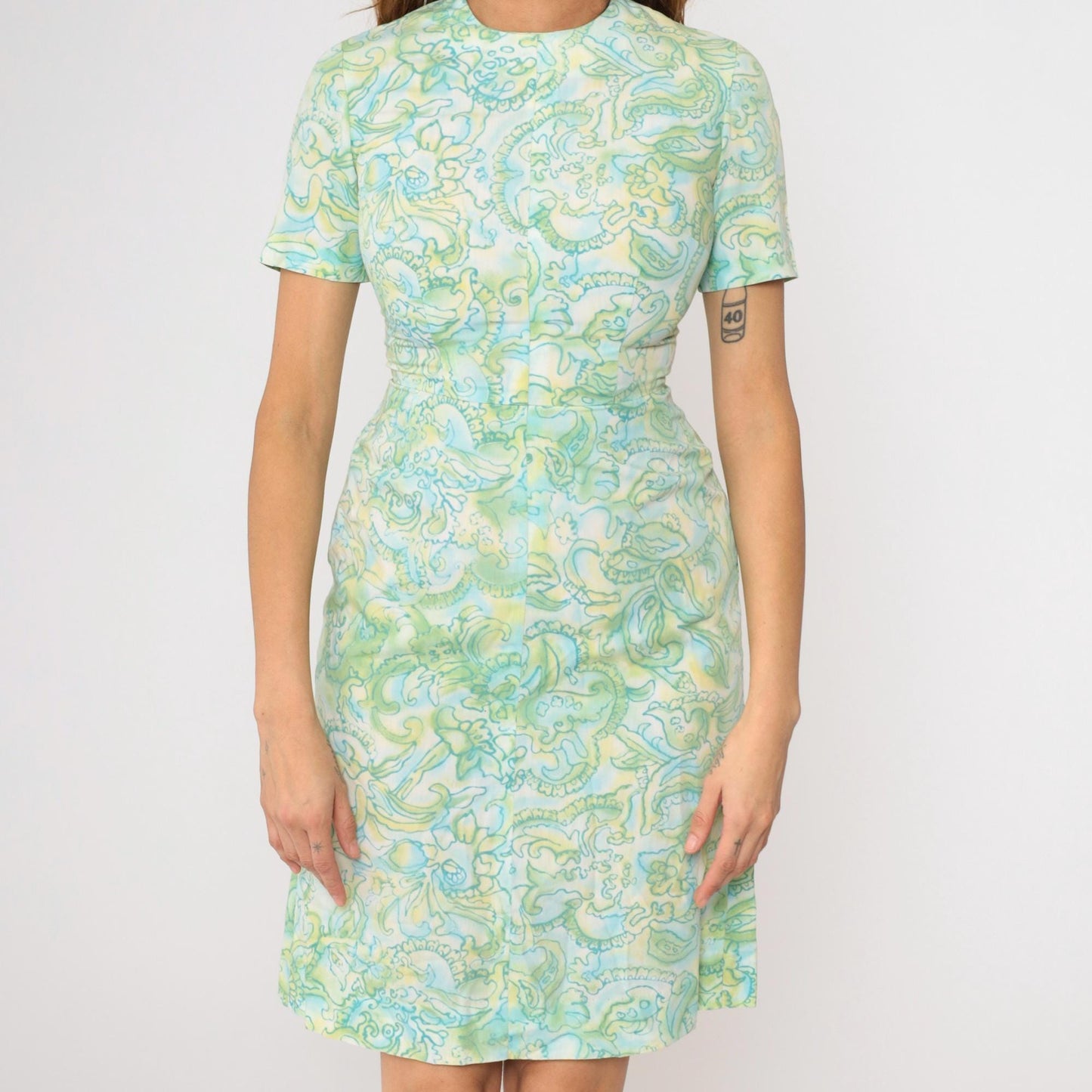 60s Abstract Floral Sheath Dress Green Blue Mini Short Sleeve Extra Small