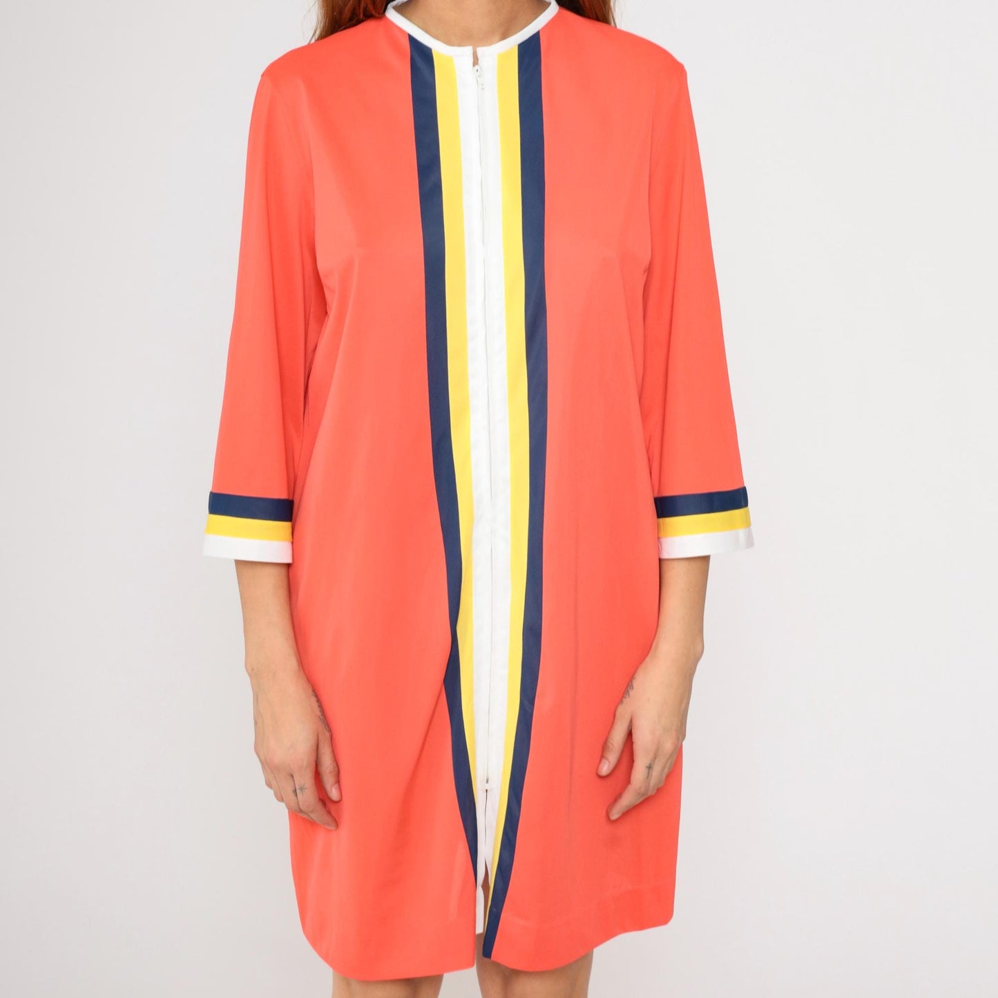 70s Gossard Artemis Orange Striped Nylon Nightgown Zip Front Mini Medium M