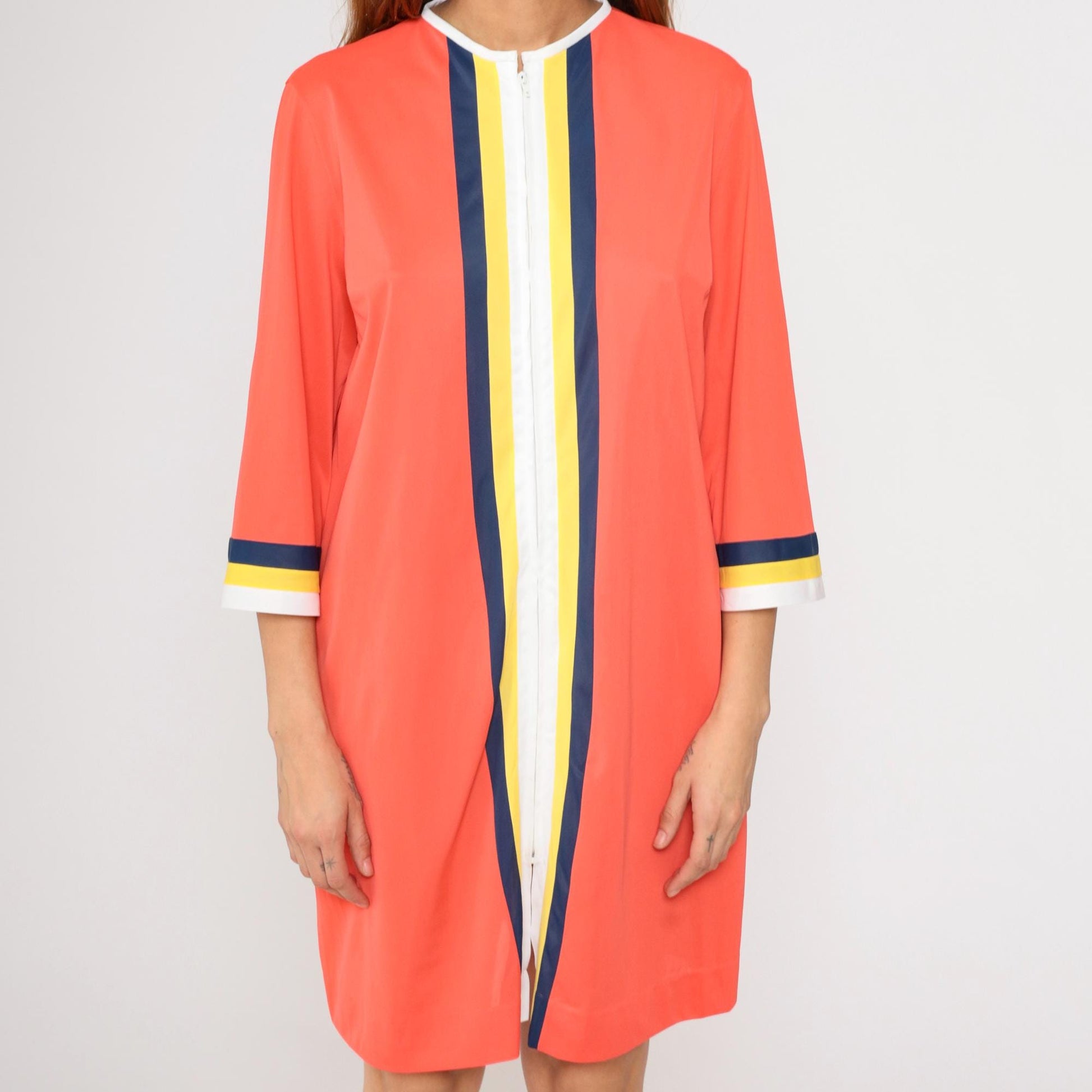 70s Gossard Artemis Orange Striped Nylon Nightgown Zip Front Mini Medium M