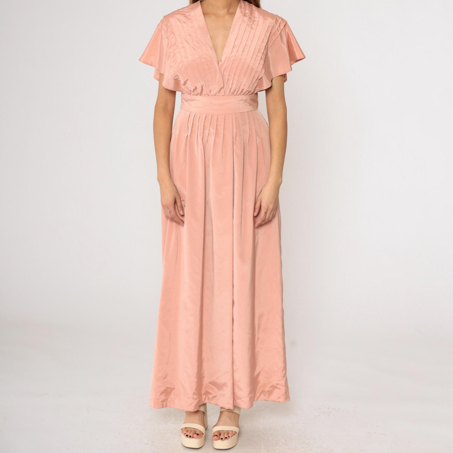 70s Pink Pleated Maxi Dress Flutter Sleeve V-Neck High Waist Front Slit Medium
