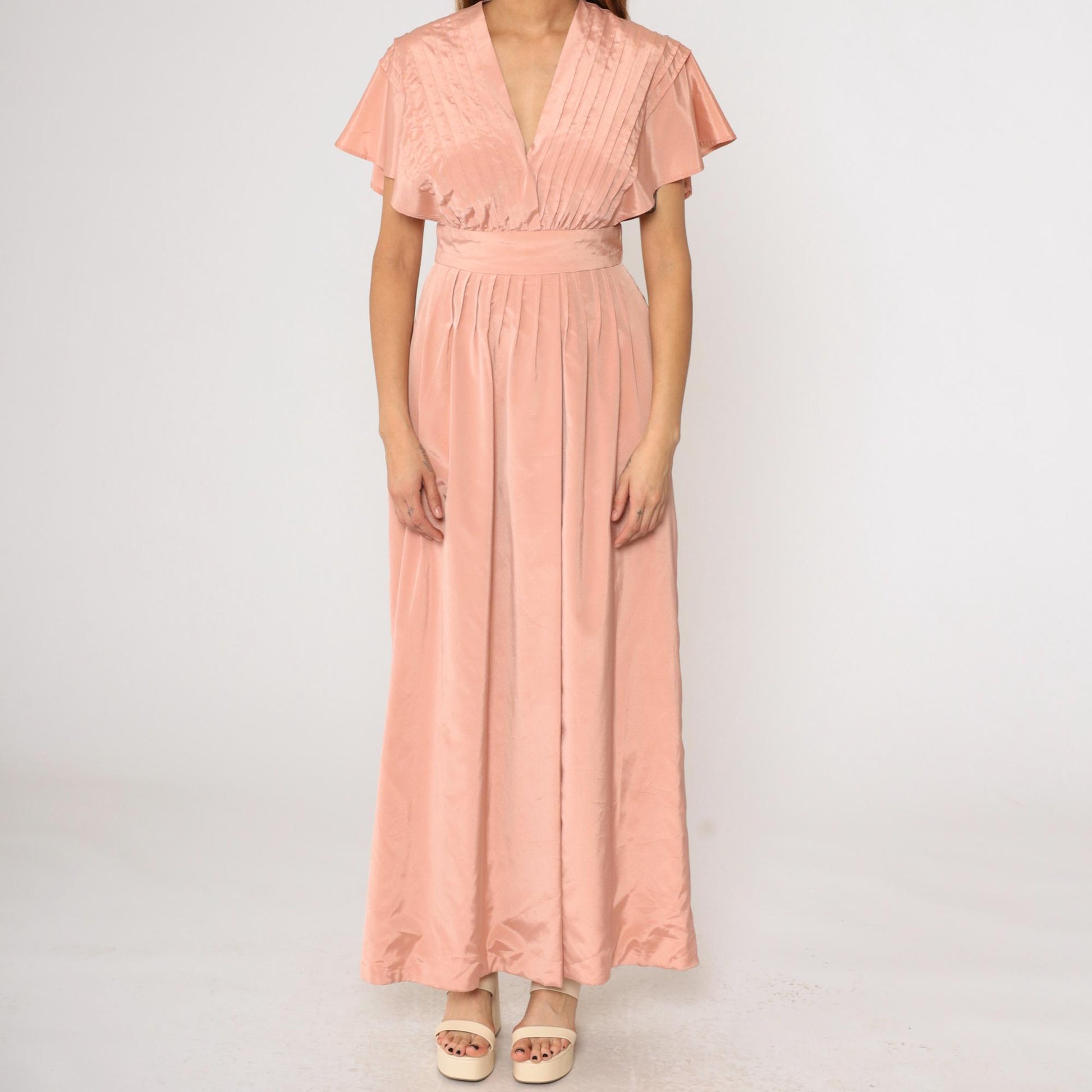 70s Pink Pleated Maxi Dress Flutter Sleeve V-Neck High Waist Front Slit Medium