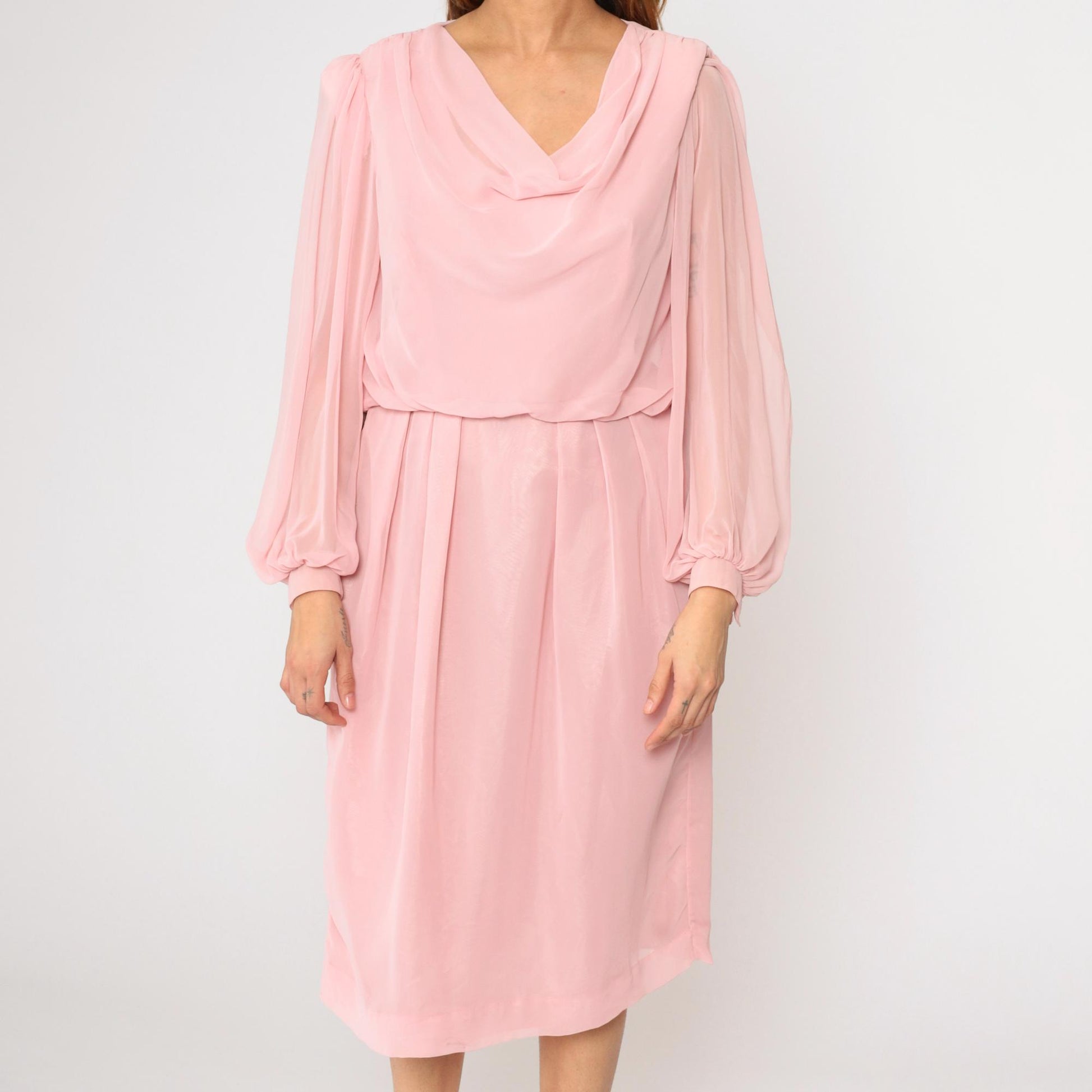 80s Susan Howard California Pink Chiffon Cowl Neck Midi Dress Medium M
