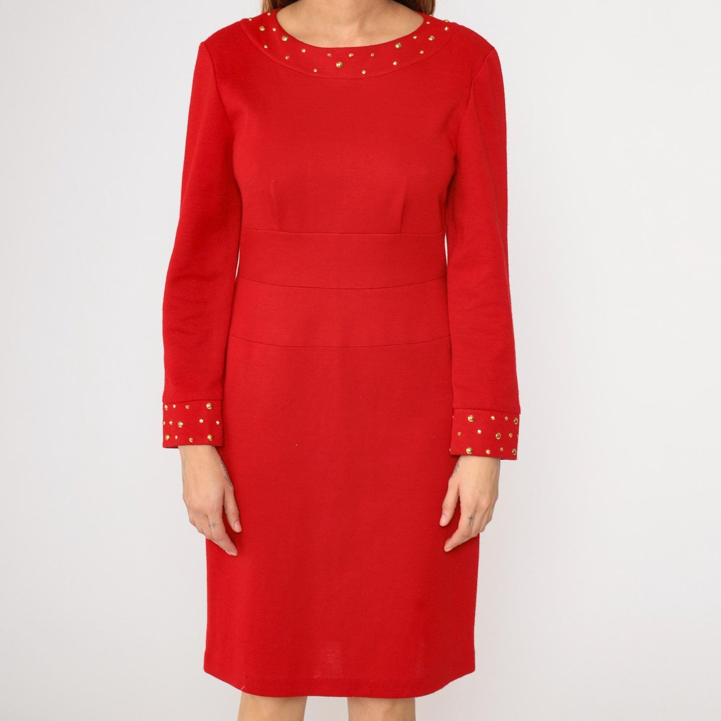 80s Nicole Studio Red Studded Knit Dress Gold Trim Pencil High Waist Medium