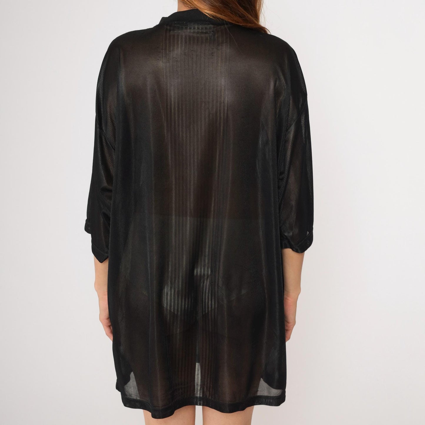90s Sheer Black Striped Polyester T-Shirt XXL