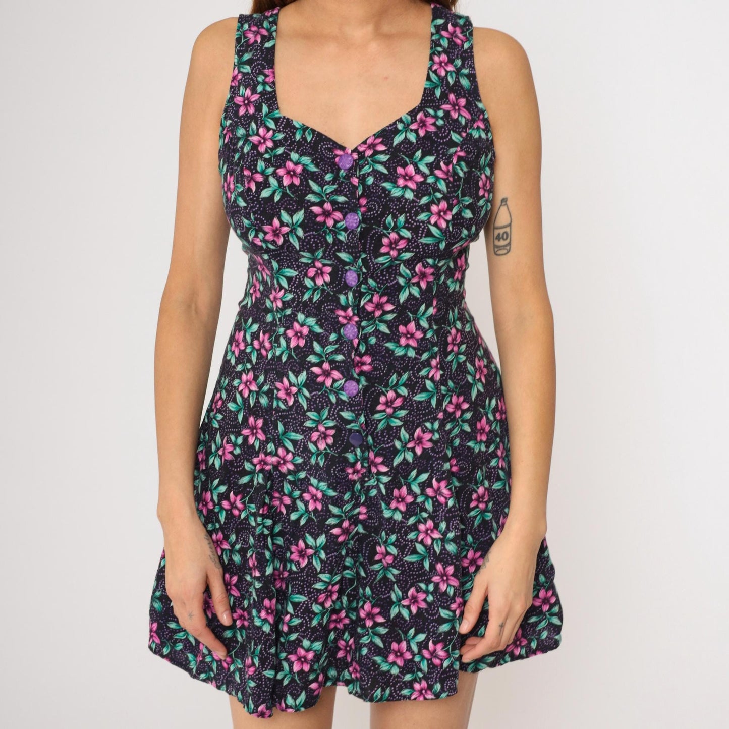 90s Joni Blair Black Floral Romper Sweetheart Neckline Wide Leg Medium