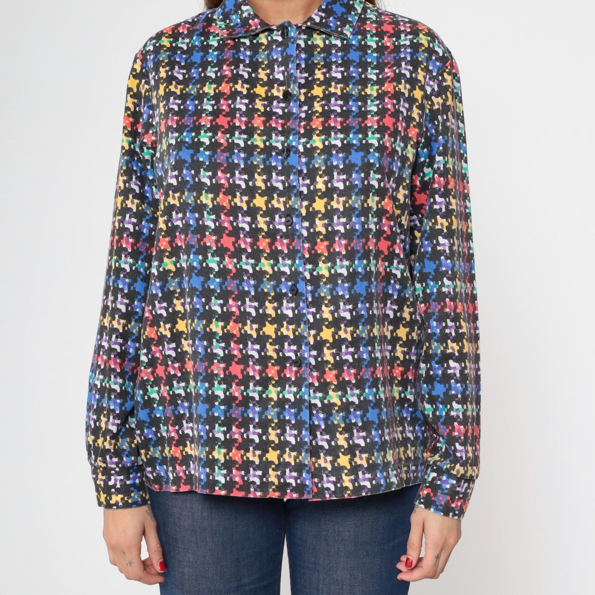 80s Rainbow Plaid Button-Up Blouse Black Checkered Long Sleeve Collared Large L