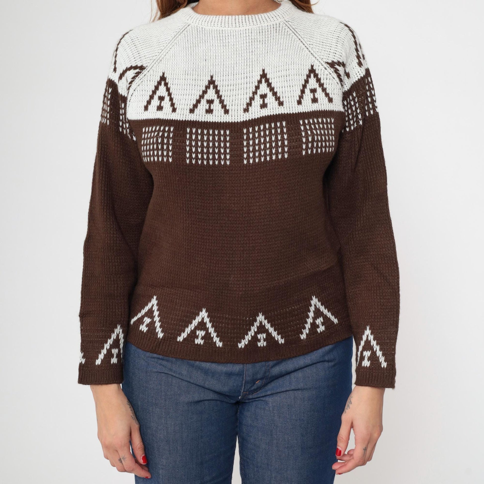 70s Carol Brent Geometric Color Block Sweater Brown White Raglan Small