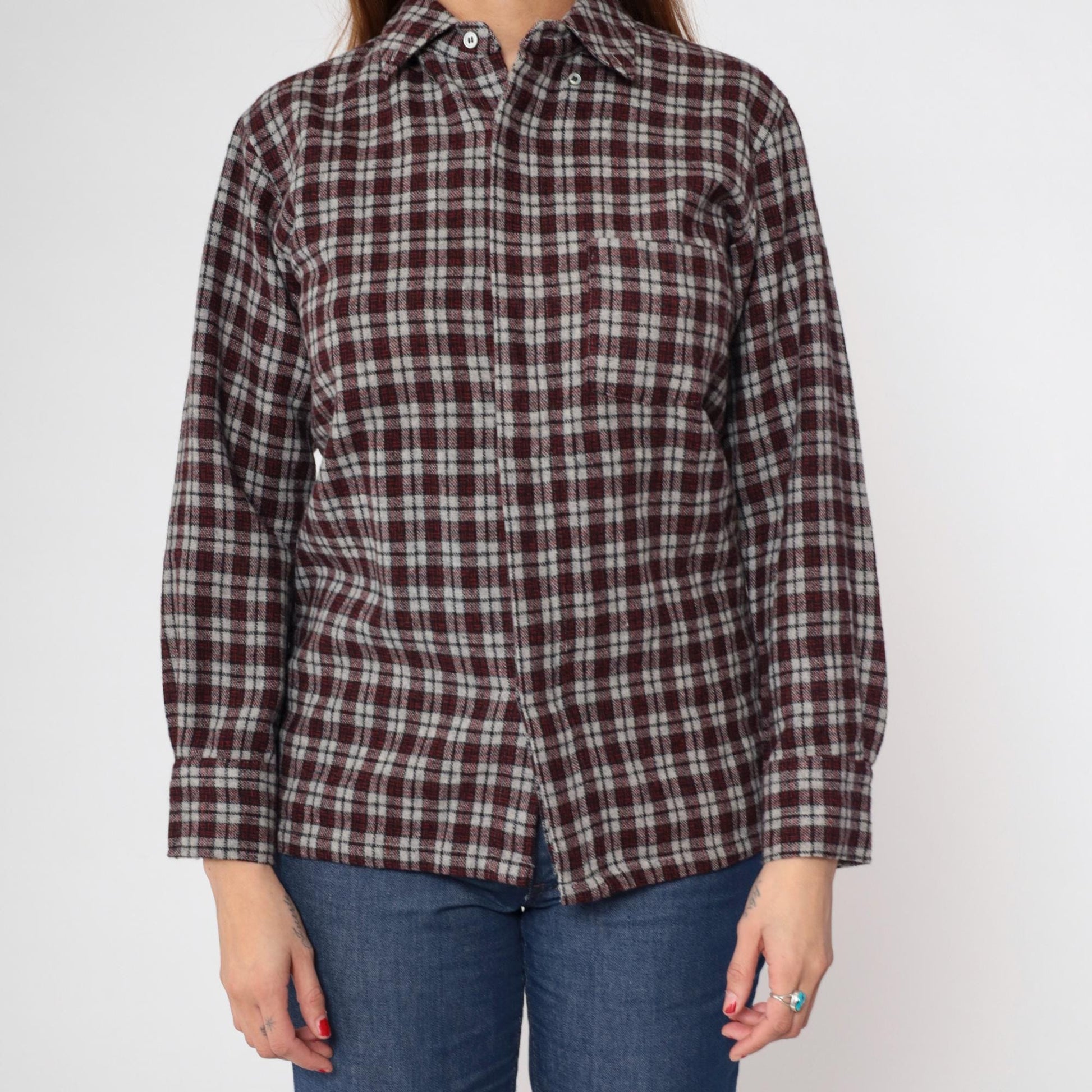 80s Rollex Wool Blend Plaid Button-Up Shirt Grey Red Small