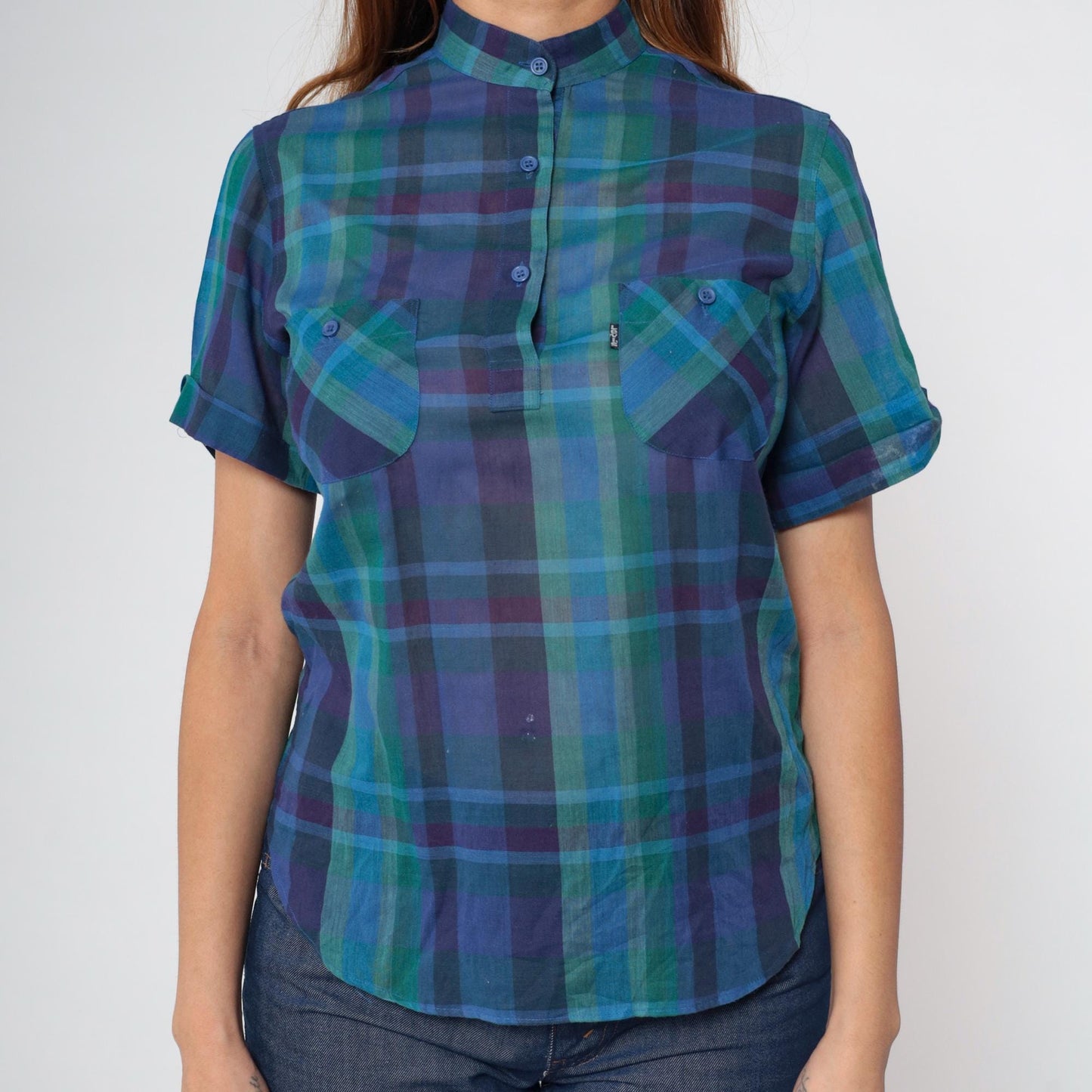 80s Levi's Plaid Button-Up Blouse Purple Blue Green Mandarin Collar Small S