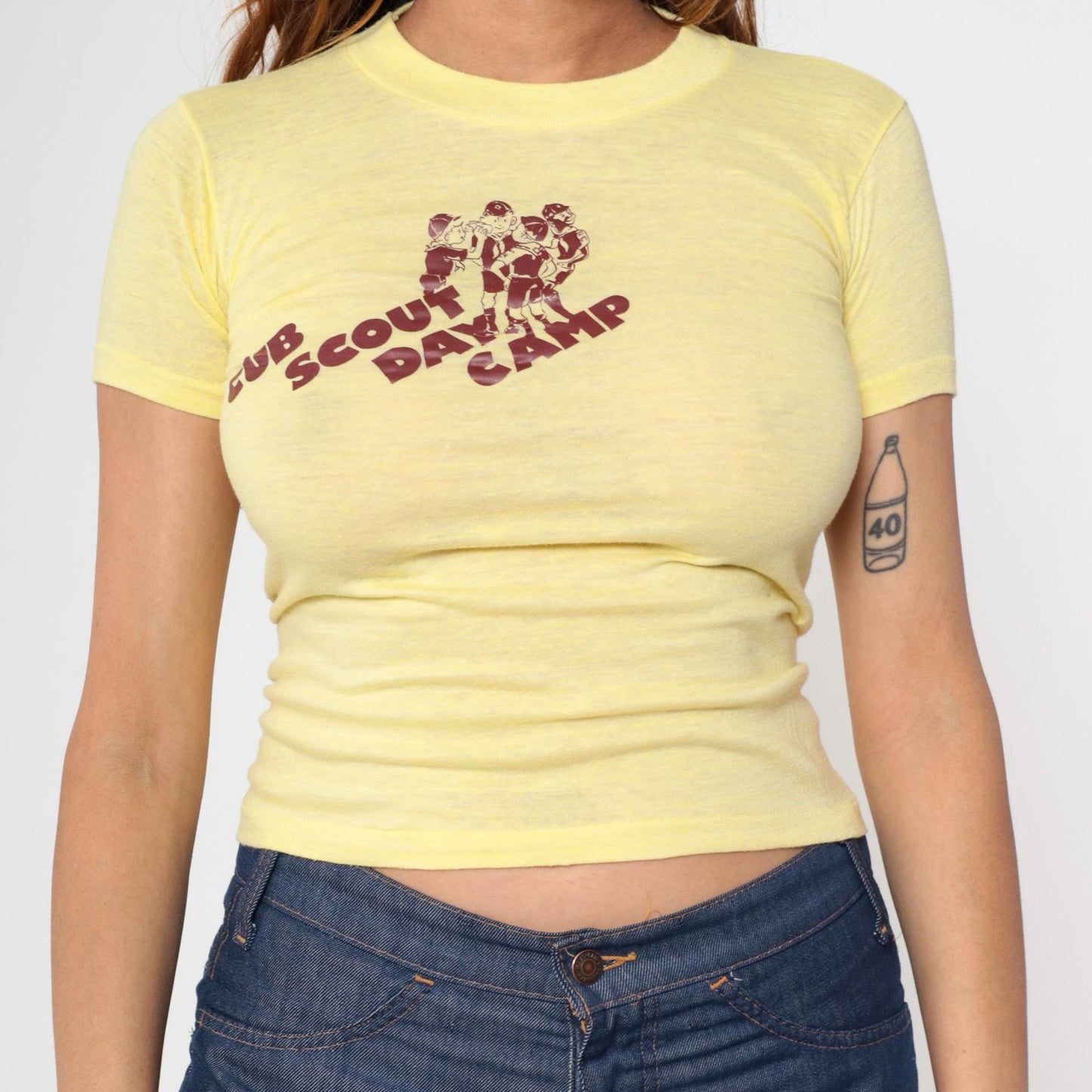 80s Cub Scout Day Camp Graphic Crop Tee Yellow Extra Small