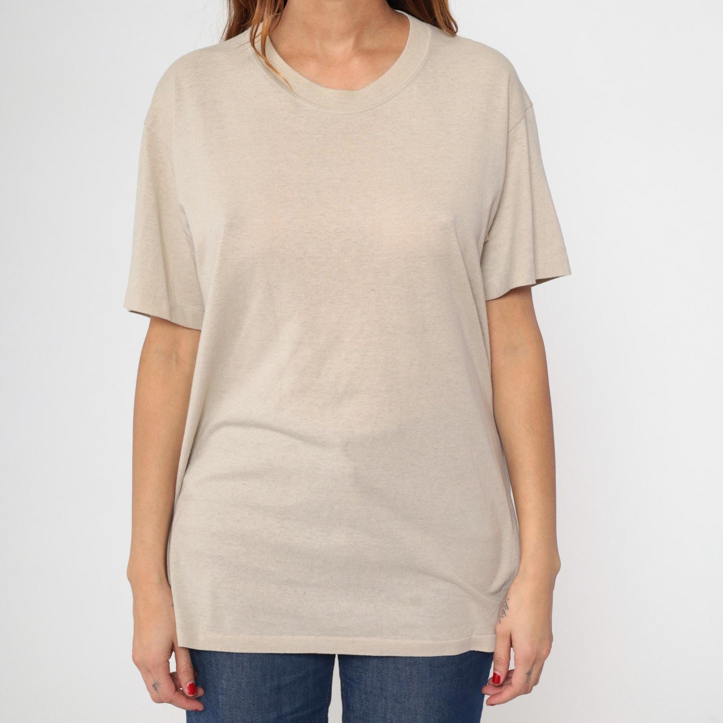 80s Plain Taupe Crewneck T-Shirt Single Stitch Duke Athletic Large L