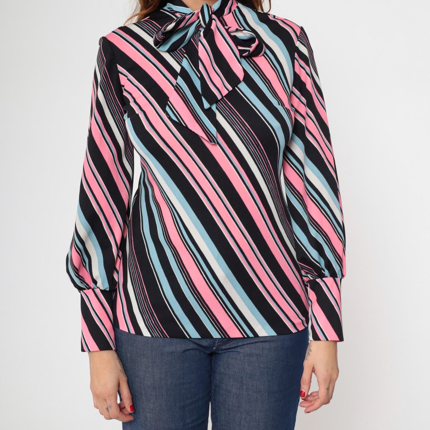 70s The Islander Striped Ascot Blouse Pink Blue Black Long Sleeve Small