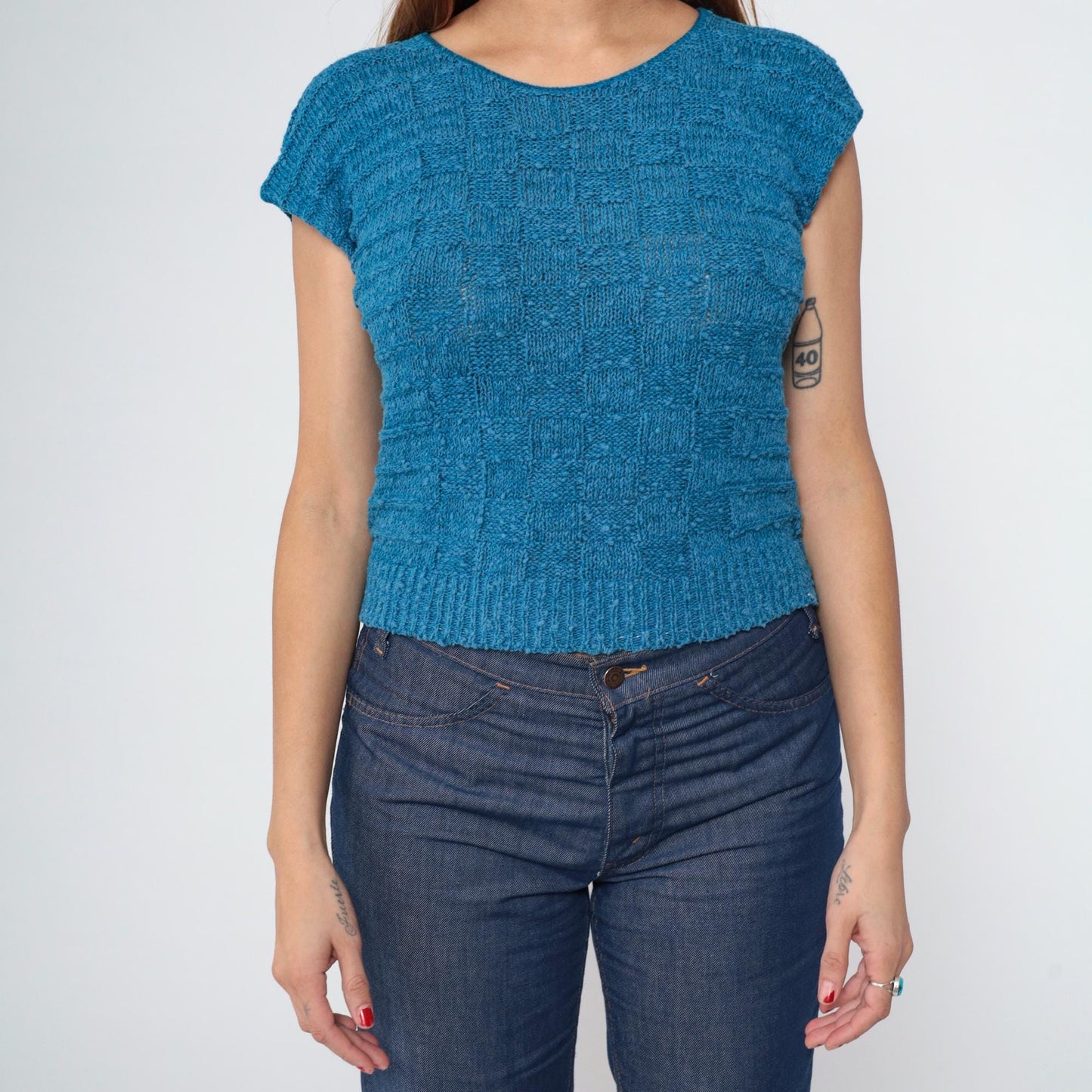 80s Blue Checkered Knit Cropped Top Cap Sleeve Small S