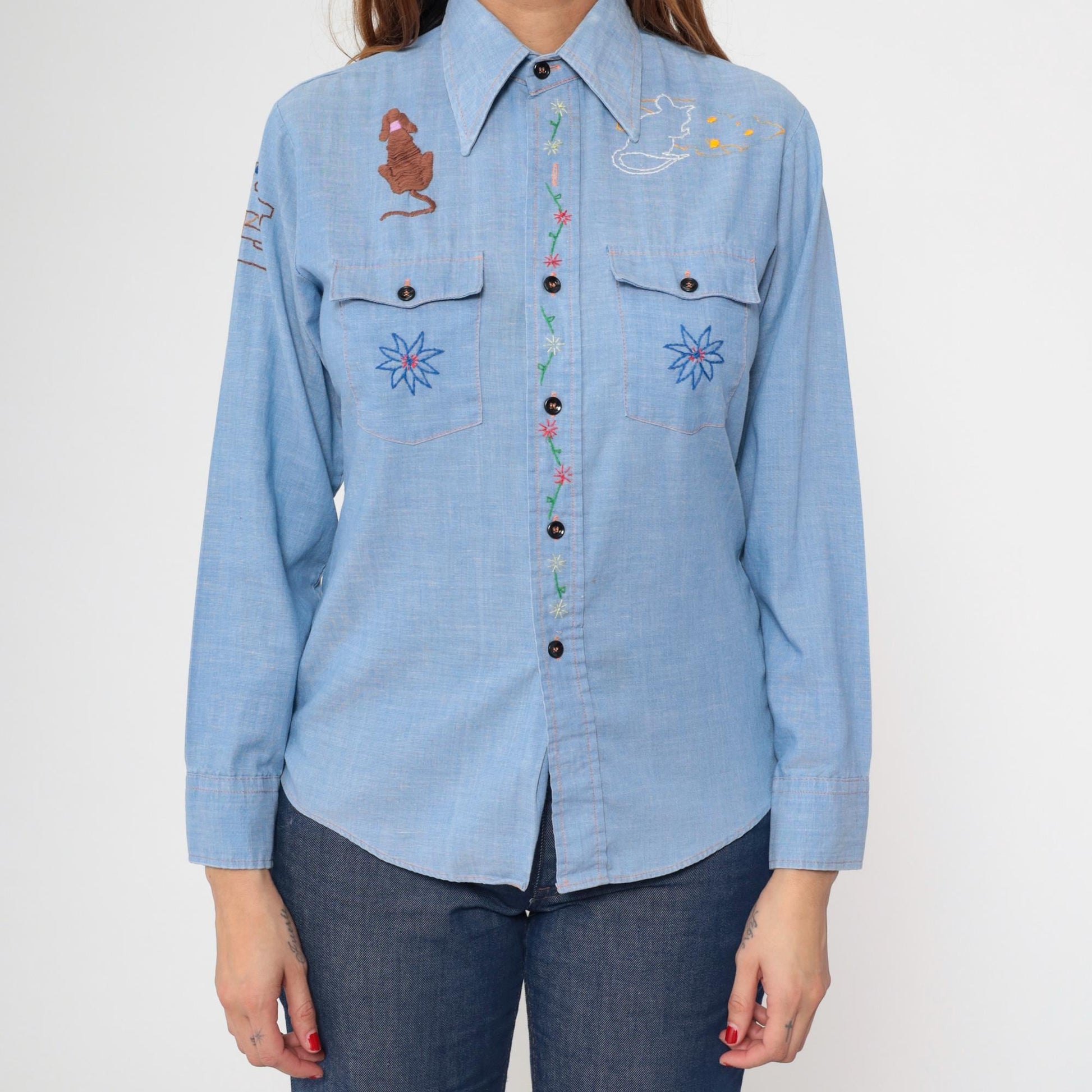 70s Montgomery Ward Chambray Shirt Embroidered Saguaro Cactus Mouse Blue Small