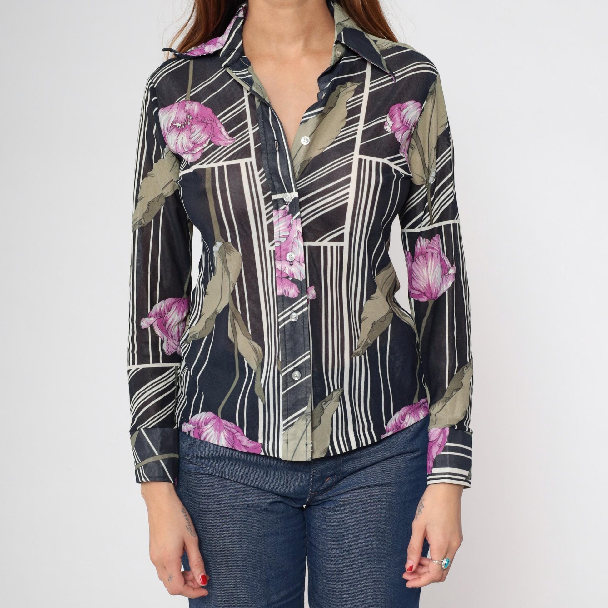 70s Sheer Floral Striped Blouse Black Dagger Collar Button Up Small