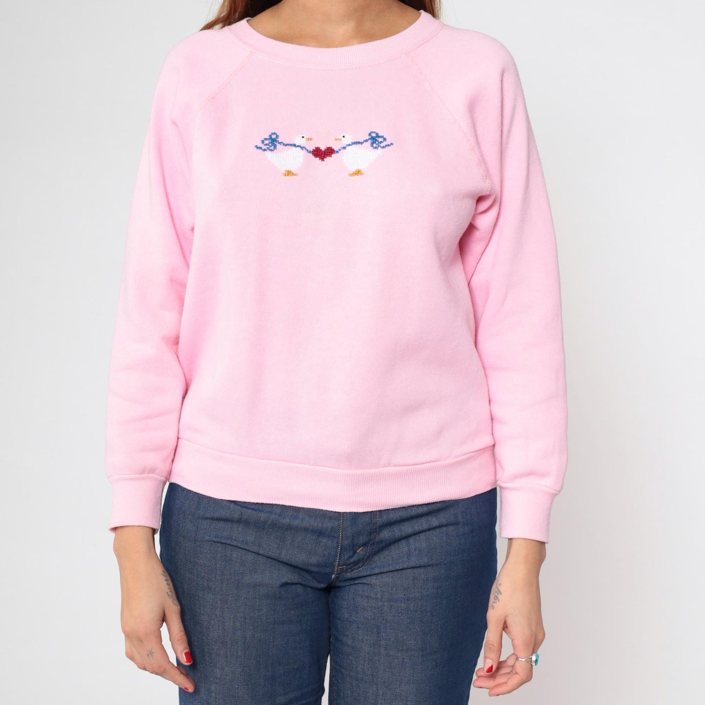 80s Pink Duck Embroidered Raglan Sweatshirt Heart Animal Crewneck Small