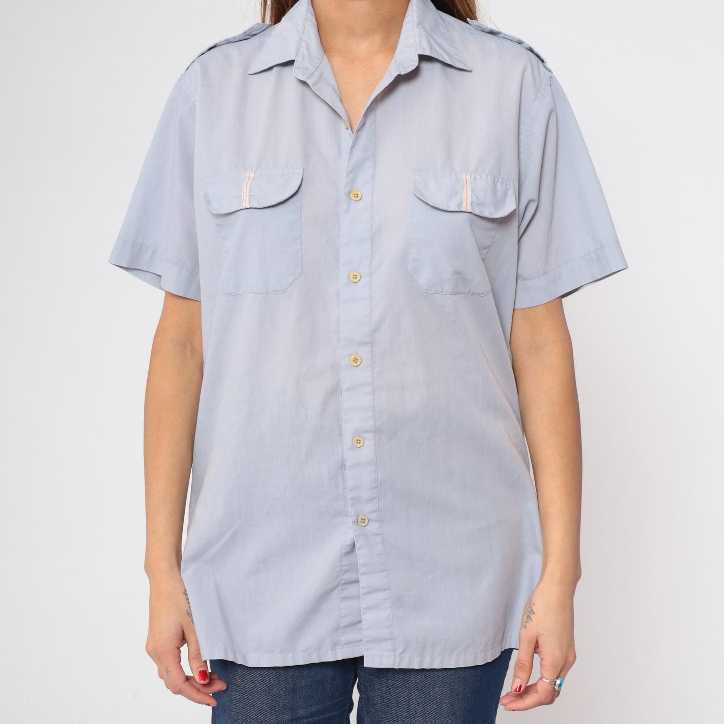 80s Claybrooke Grey-Blue Utility Shirt Button Up Chest Pocket Medium M