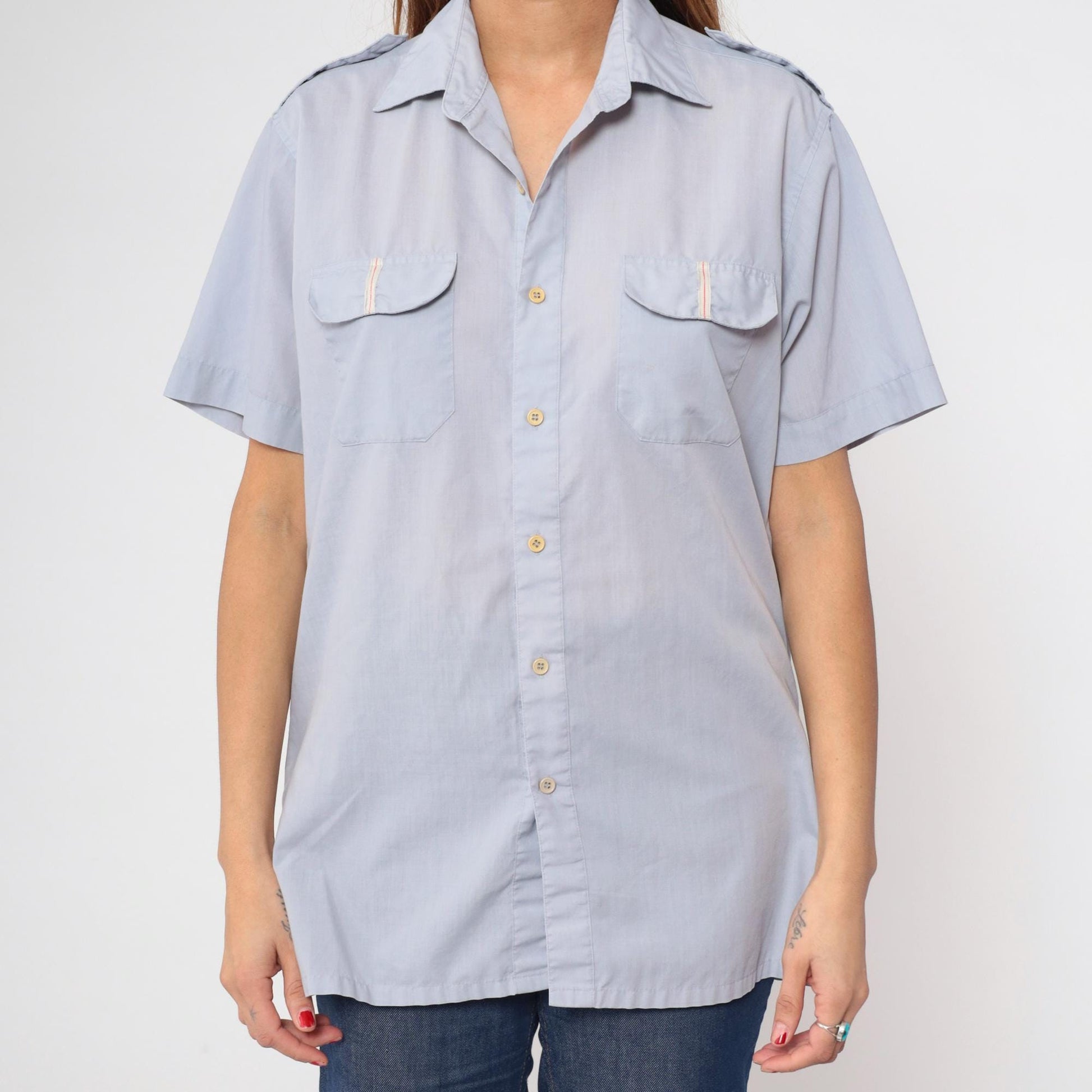 80s Claybrooke Grey-Blue Utility Shirt Button Up Chest Pocket Medium M